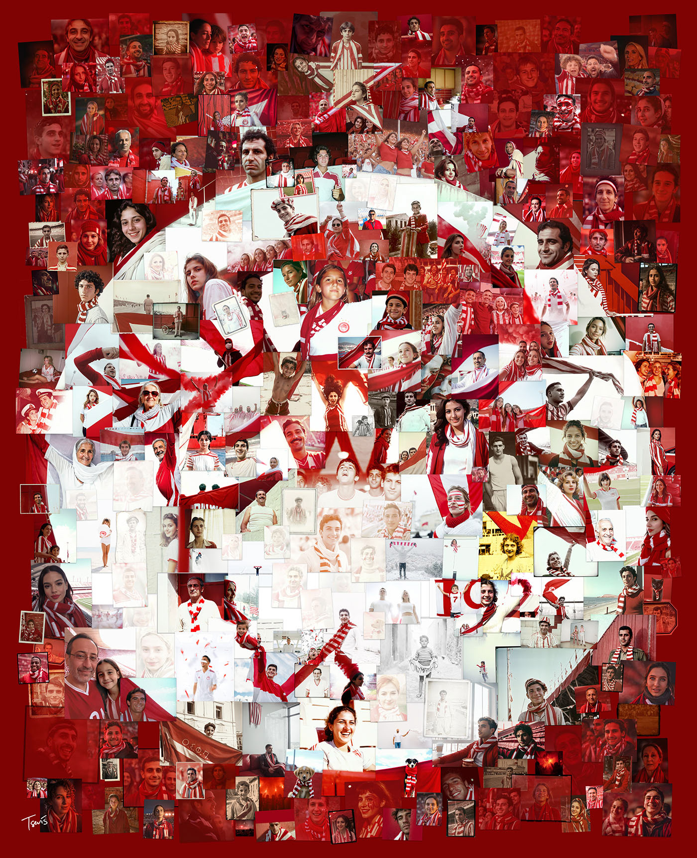 A digital mosaic celebrating 100 years of Olympiacos, composed of imagined fan photographs that capture the essence of club loyalty and passion across generations.