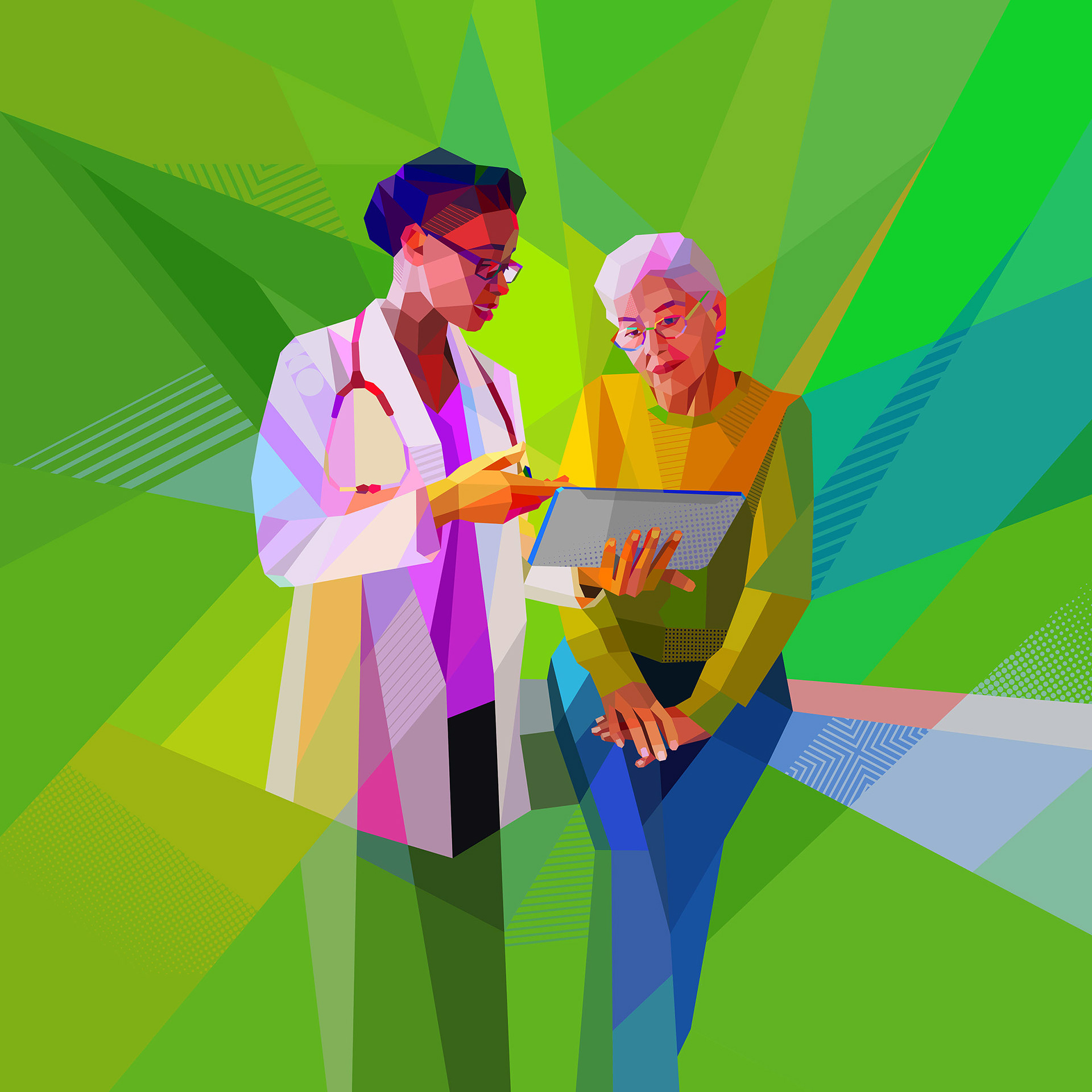 Doctor with the patient, Neofuturistic artwork for medical events