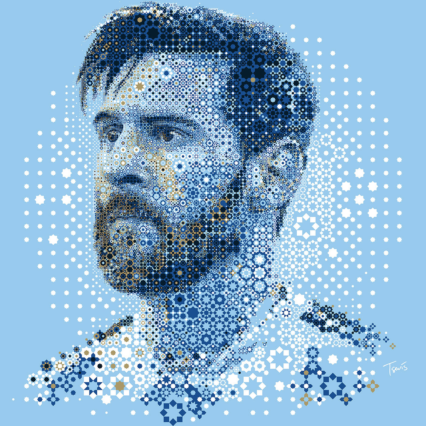 Mosaic depiction of Lionel Messi, combining Islamic geometric designs with Argentina’s national colors, showcasing cross-cultural artistic expression.