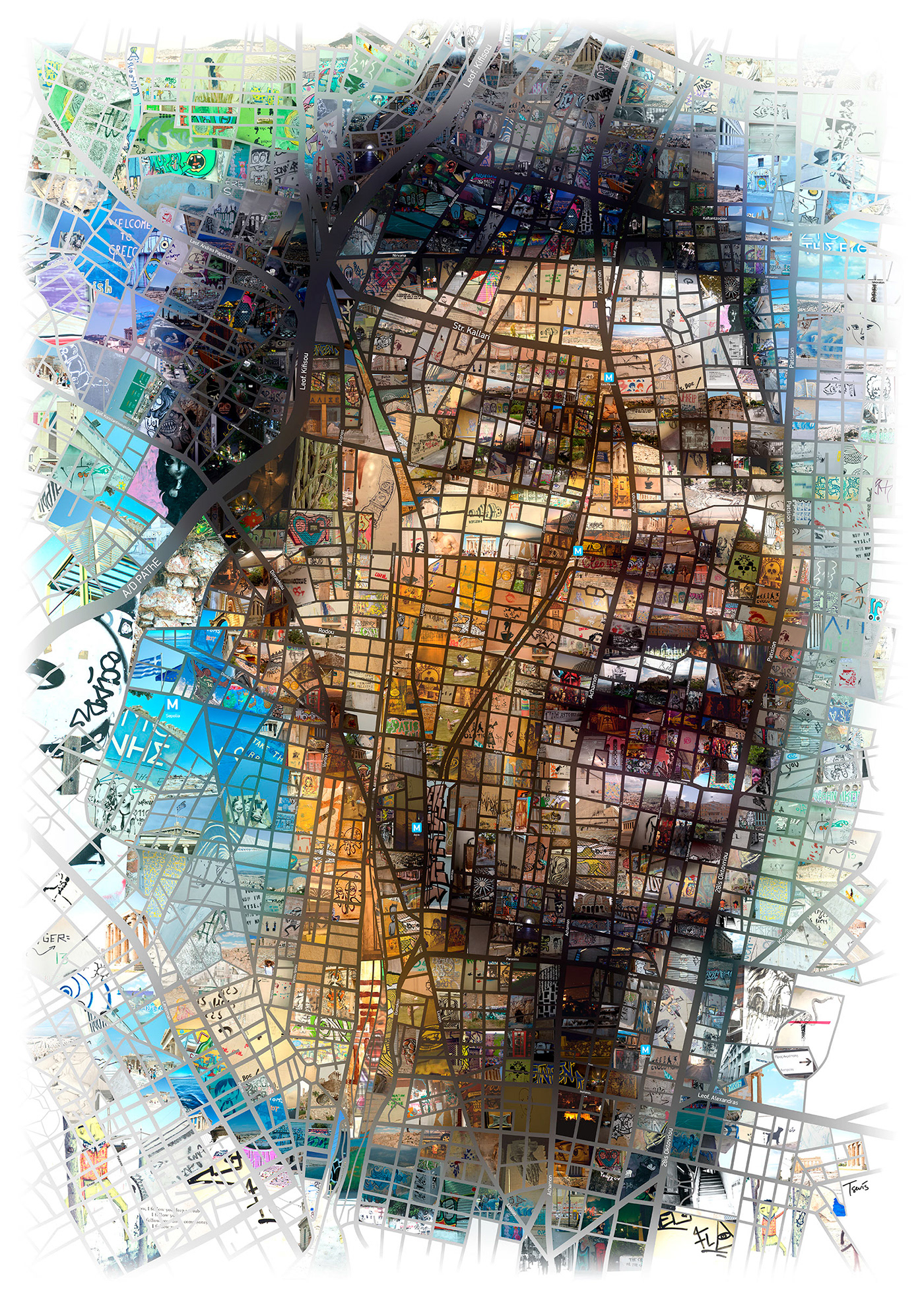 A detailed mosaic portrait of Giannis Antetokounmpo, constructed from street photographs of Athens neighborhoods.