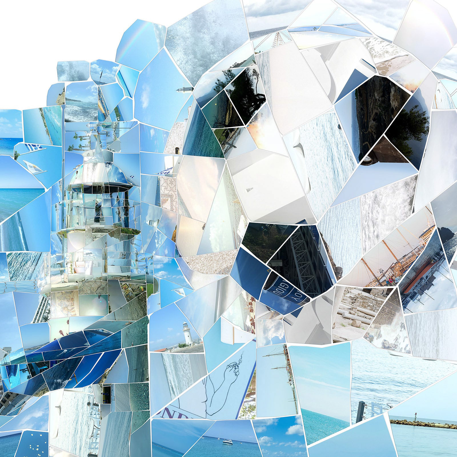 Maritime-themed digital mosaic portrait featuring lighthouse and coastal Mediterranean imagery