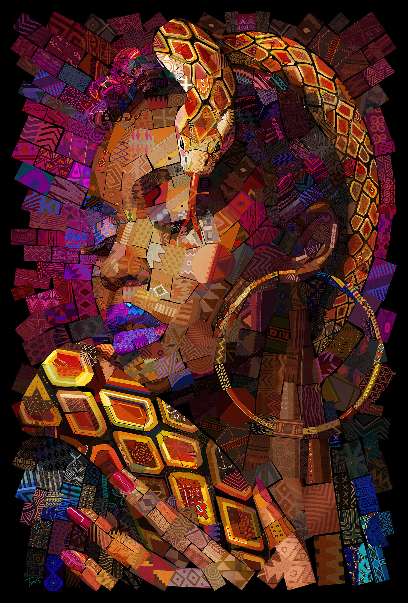 Powerful African woman with serpent in vibrant textile mosaic representing spiritual wisdom and healing traditions.