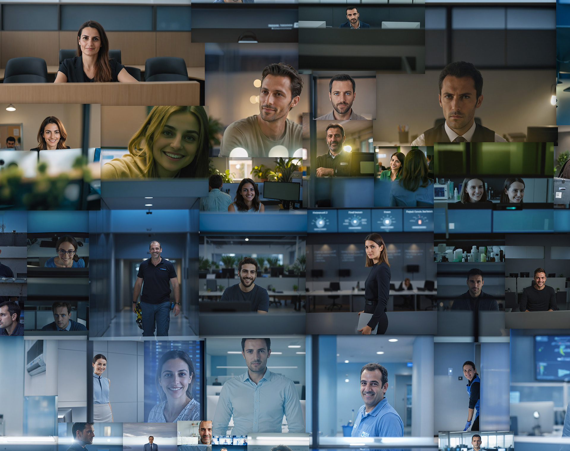 Close-up detail of office building mosaic showing individual employee portraits arranged in grid formation