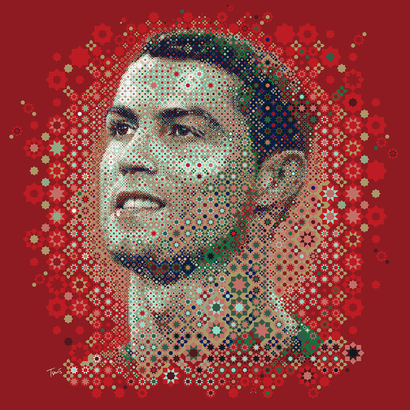 Mosaic of Cristiano Ronaldo, featuring detailed Arabesque patterns and Portugal’s national colors, exemplifying the harmony of sport and Islamic art.
