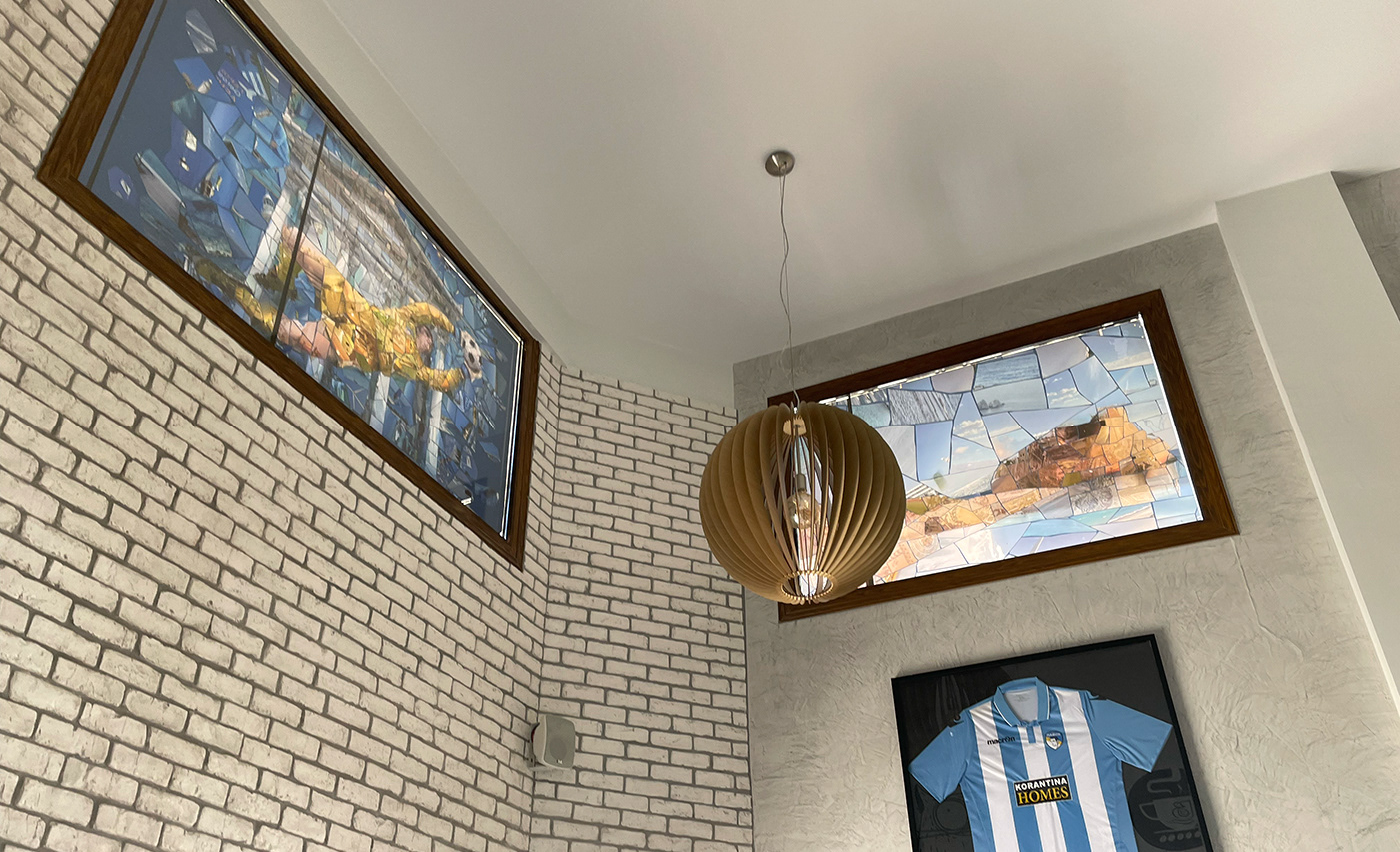 Printed mosaics on a windows, lobby decoration art as a stain glass art