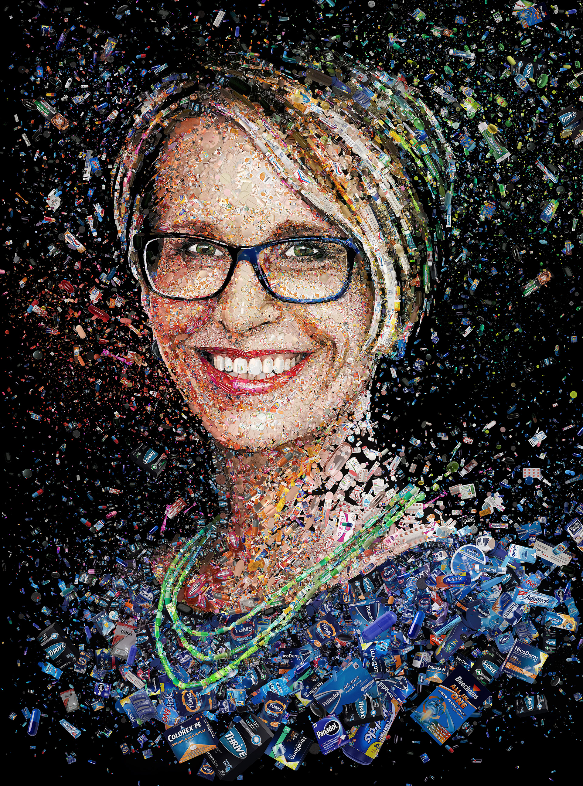 Mosaic portrait of Glaxo Smith Kline's CEO Emma Walmsley out of her products