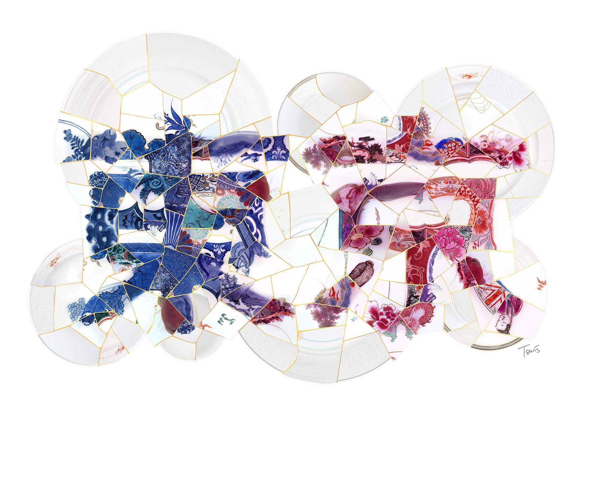 Tokyo in Japanese, kintsugi style, a large digital mosaic art