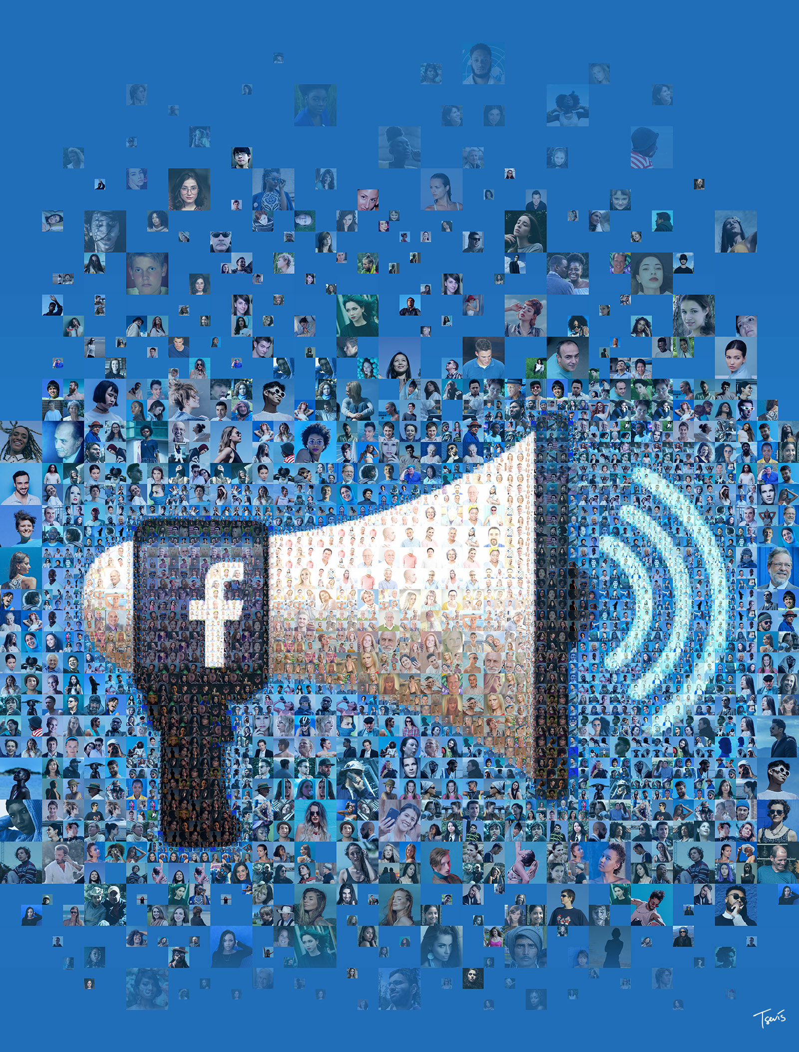 Loudspeaker for Facebook, digital mosaic of thousands of faces, editorial imagery