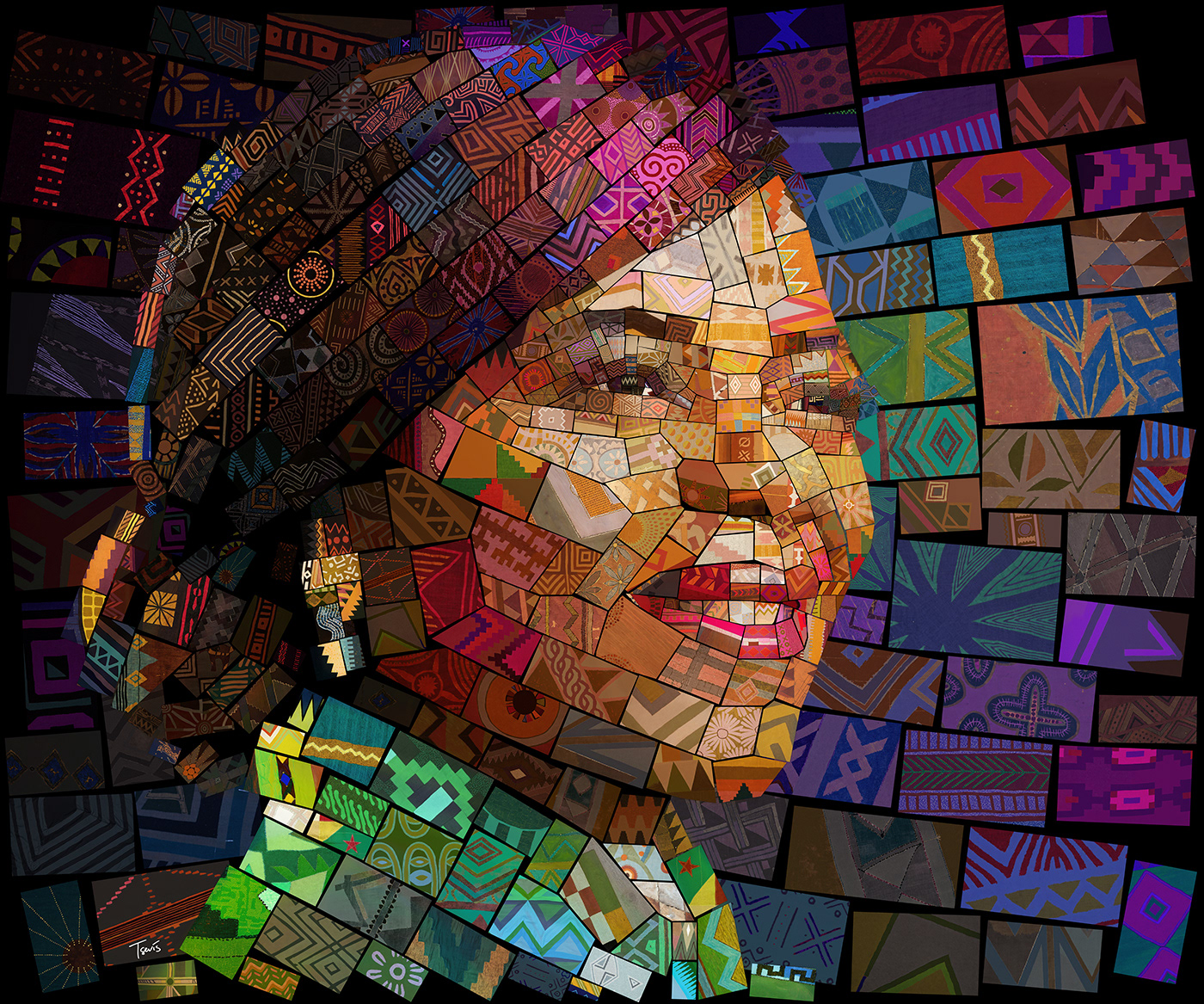 Professor Thuli Madonsela portrait in vibrant textile mosaic celebrating South African constitutional architect and justice champion.