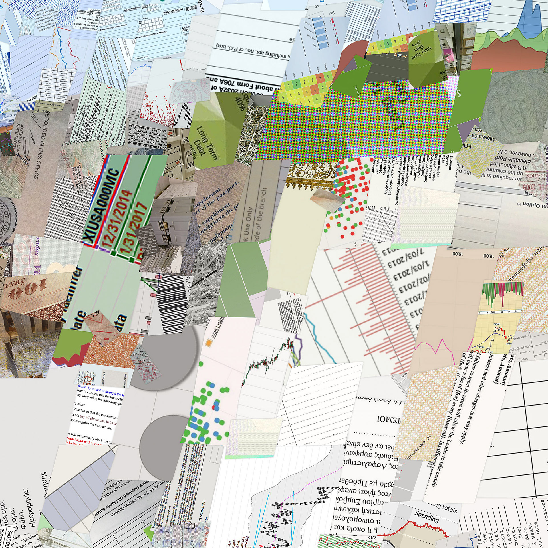Digital collage from data pieces, business office art