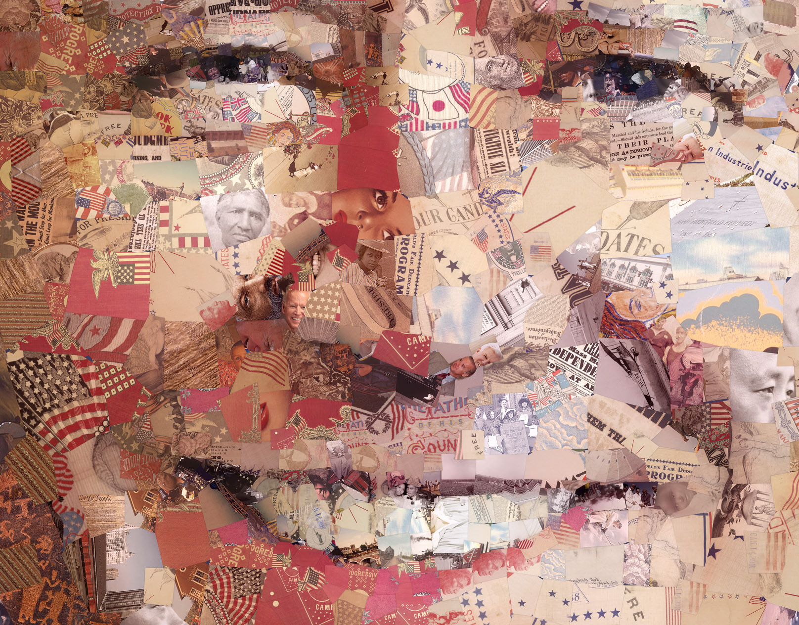 A digital portrait made out of historical photos in a mosaic style for a politician