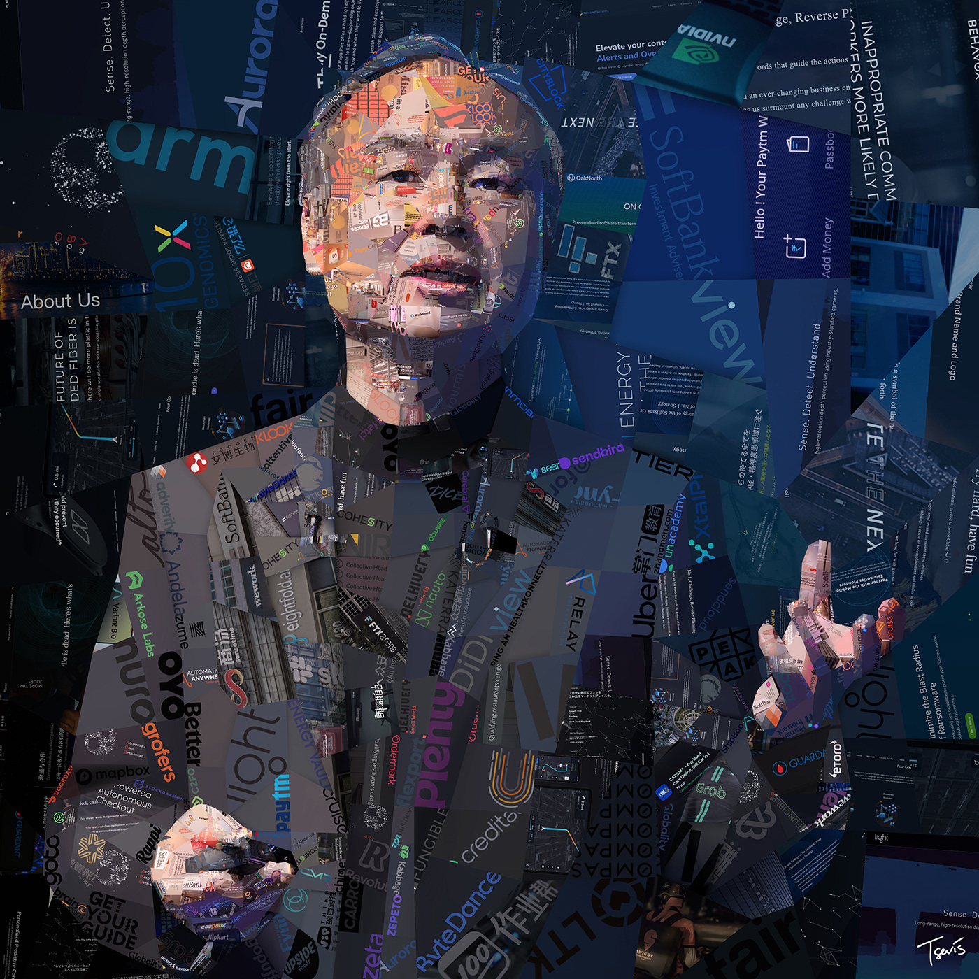 Digital mosaic portrait of SoftBank CEO Masayoshi Son (2022), featuring a fragmented, rhythmic visual style driven by staccato algorithms. The composition deliberately breaks continuity to create visual pauses, encouraging reflection and emphasizing key elements with tonal contrast and structured disruption.