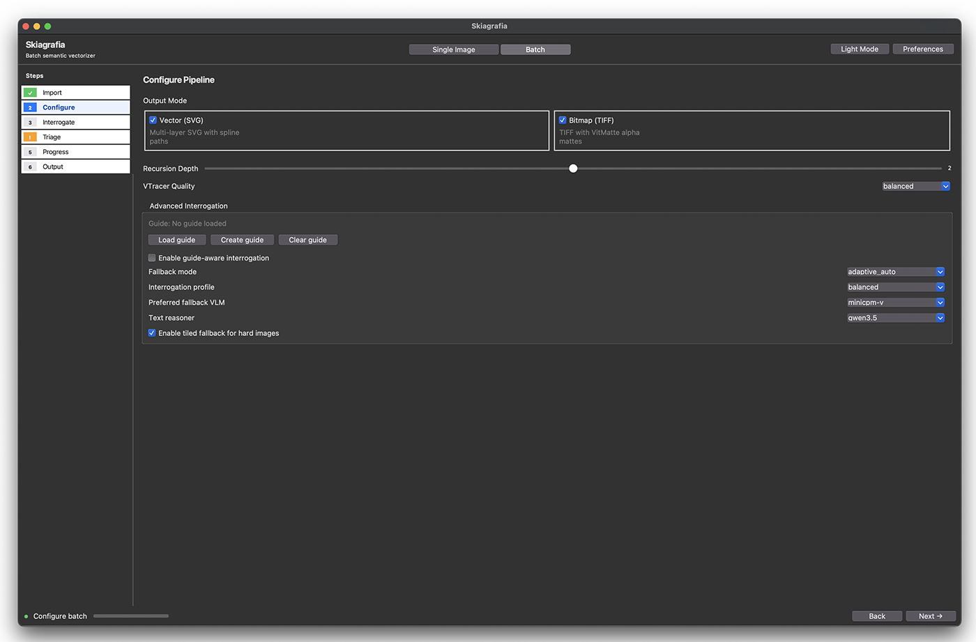 Screenshot of Skiagrafia in Batch mode, dark theme, at the Configure step. The six-step sidebar shows Import with a green checkmark, Configure highlighted in blue as the current step, and Interrogate, Triage, Progress, and Output numbered but not yet active. The main panel is headed "Configure Pipeline". Under Output Mode, two checked option cards are shown side by side: "Vector (SVG) — Multi-layer SVG with spline paths" and "Bitmap (TIFF) — TIFF with VitMatte alpha mattes". A Recursion Depth slider is set to 2. A VTracer Quality dropdown is set to balanced. Below, an Advanced Interrogation section shows: Guide status "No guide loaded" with Load guide, Create guide, and Clear guide buttons; an unchecked "Enable guide-aware interrogation" checkbox; and four dropdowns — Fallback mode set to adaptive_auto, Interrogation profile set to balanced, Preferred fallback VLM set to minicpm-v, and Text reasoner set to qwen3.5. A checked checkbox reads "Enable tiled fallback for hard images". The bottom bar shows "Configure batch" with a progress indicator and Back and Next buttons.