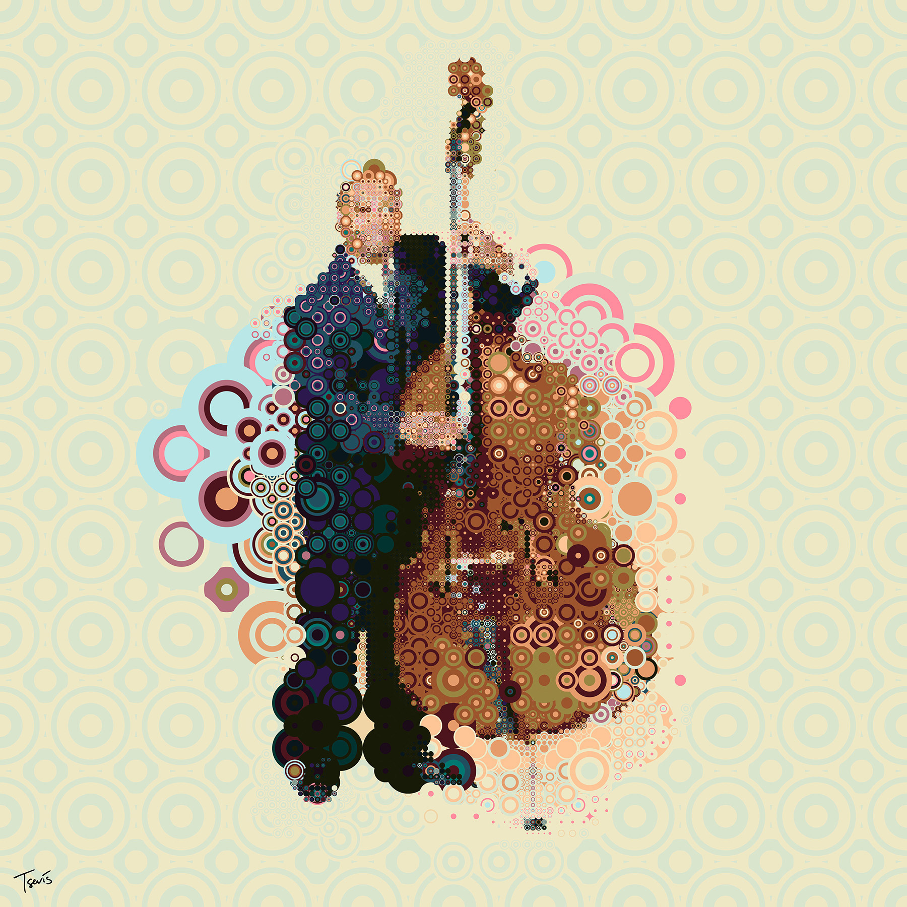 digital mosaic based on colorful concentric circles showing a contrabasso player