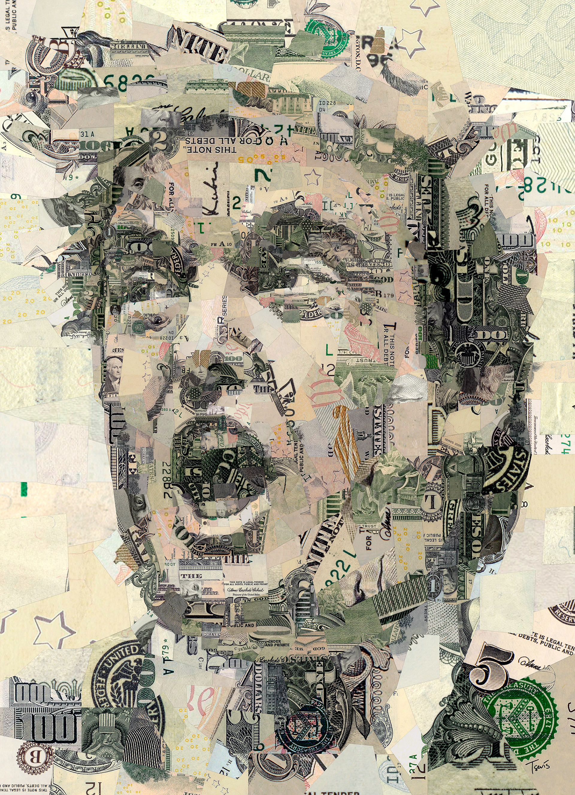 Mosaic portrait of President Trump made out of pieces of USD banknotes, editorial art