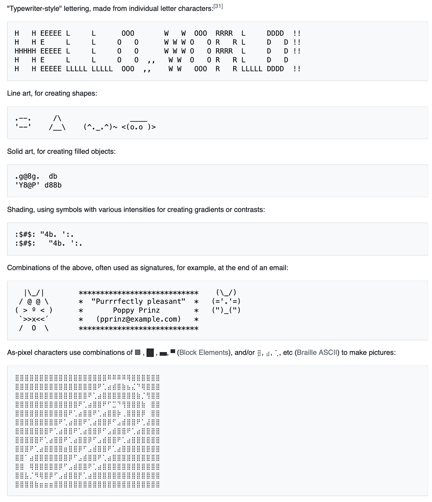 A collection of examples illustrating different types of ASCII Art, including typewriter-style lettering, simple line art, solid art, shading techniques, and pixel-based images created with block elements. The examples highlight the versatility of ASCII characters in forming intricate designs and patterns.