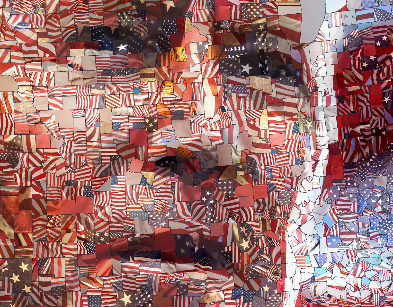 Mosaic artwork of Joe Biden made on an America map from American flags