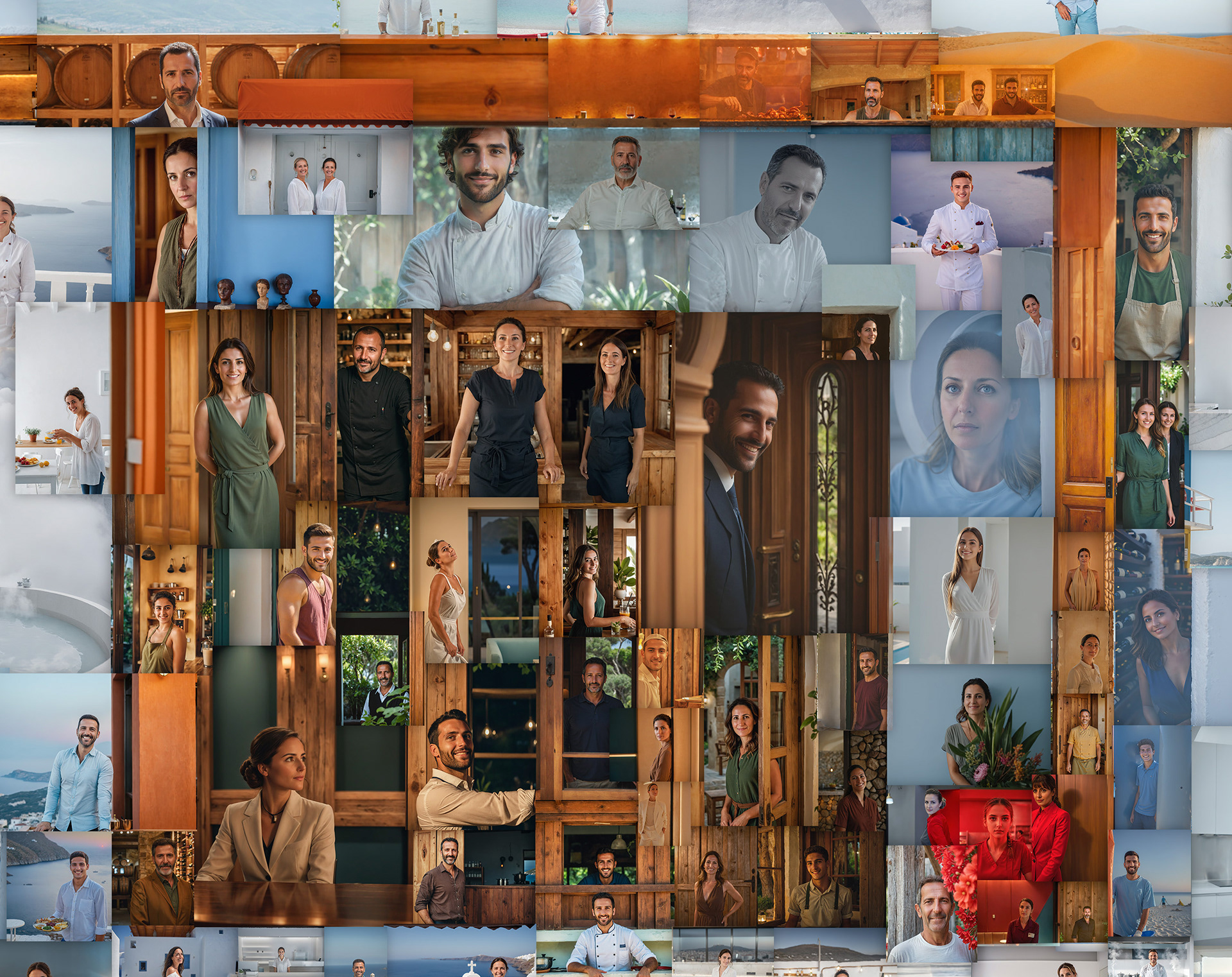 Hospitality sector mosaic showing chefs, restaurant staff and hotel workers in Mediterranean setting.