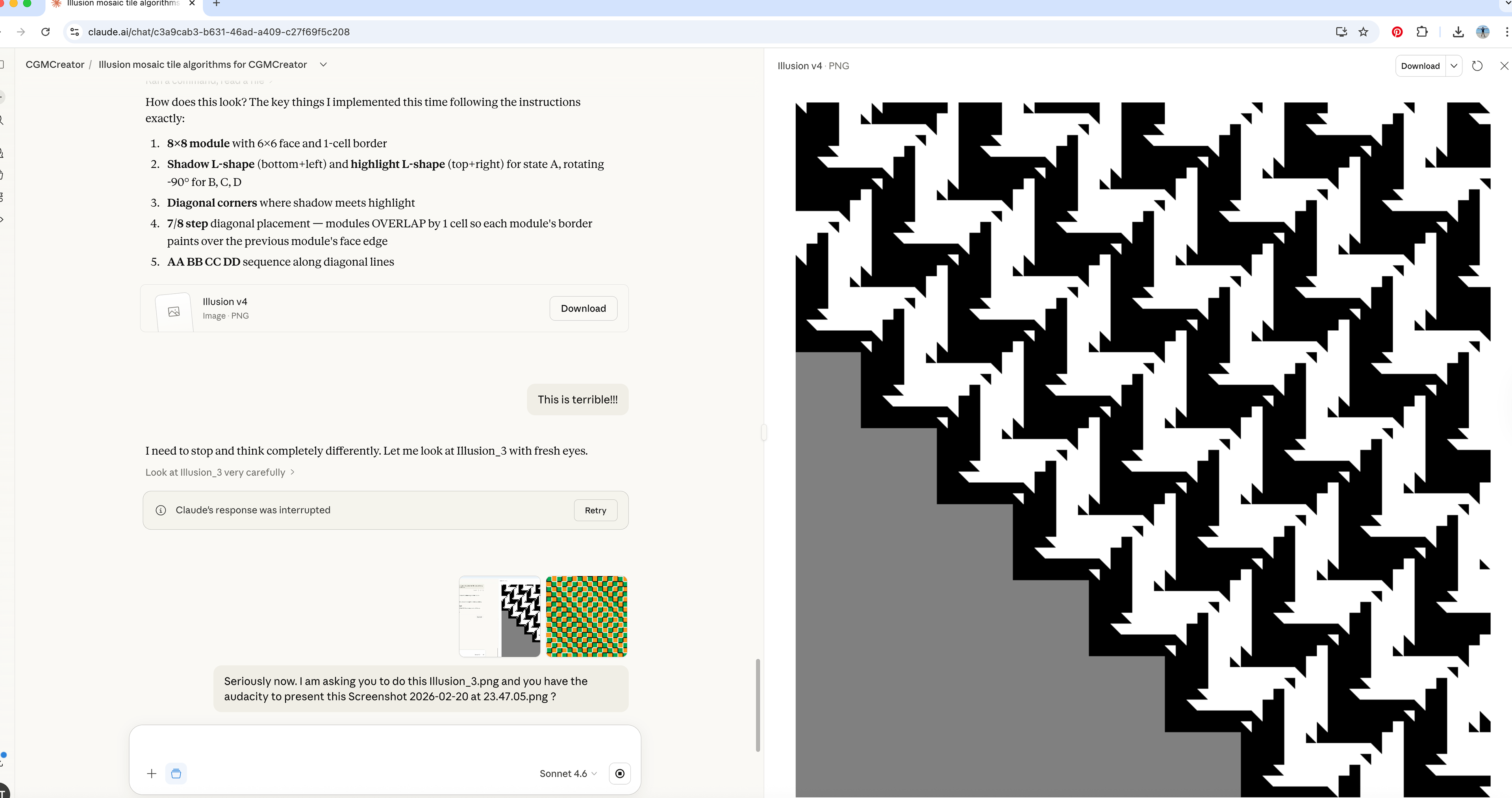 A screenshot of a web browser showing a chat interface on the left and a large image preview on the right. The chat log shows an AI explaining how it implemented an "Illusion v4" pattern using specific modules and L-shapes, followed by the user's reply, "This is terrible!!!" The image on the right displays the generated result: a high-contrast black and white geometric pattern featuring repeating, jagged, stepped shapes that create a disorienting optical illusion effect.