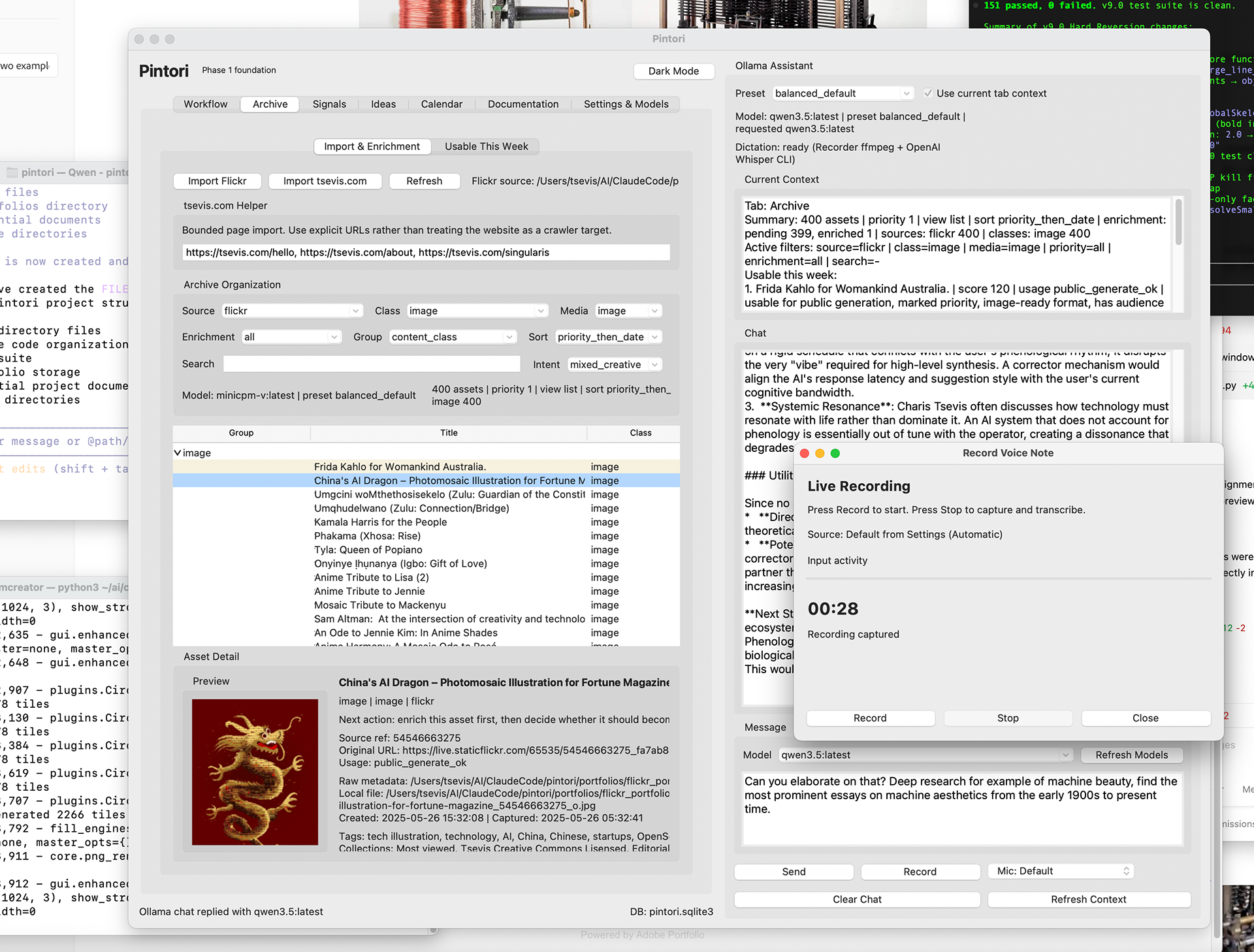 Screenshot of the Pintori application interface showing the Archive tab. The left panel displays import tools for Flickr and tsevis.com with a list of 400 image assets including titles like "China's AI Dragon - Photomosaic Illustration for Fortune Magazine" and "Frida Kahlo for Womankind Australia." Below is an asset detail preview showing a red and gold dragon illustration. The right panel features an Ollama Assistant chat interface with AI model settings (qwen3.5:latest), current context summary, and a live voice recording dialog box showing 28 seconds captured. The interface includes navigation tabs for Workflow, Archive, Signals, Ideas, Calendar, Documentation, and Settings & Models, presenting a comprehensive creative asset management and AI-assisted workflow environment.