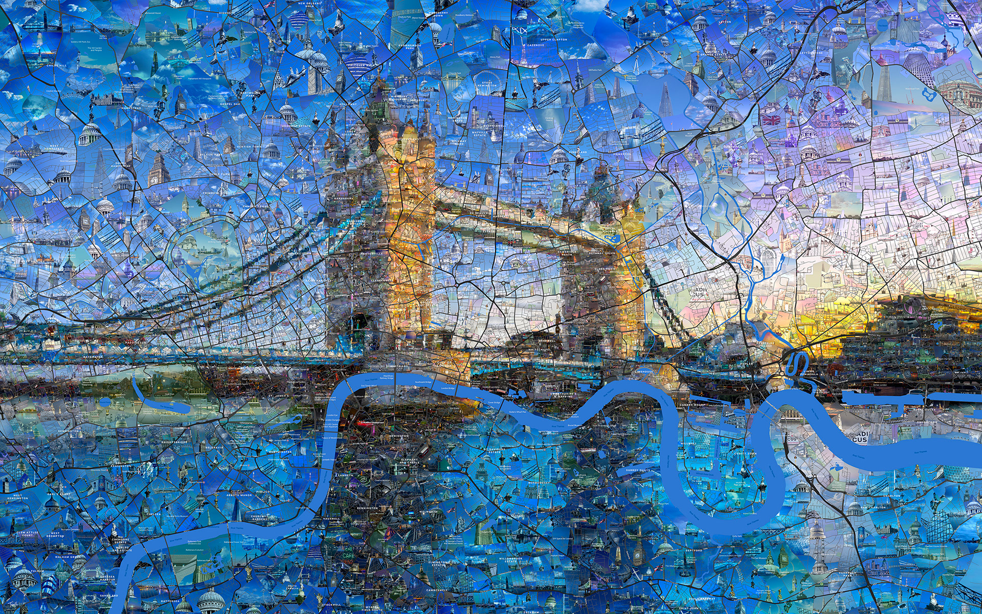 London city landmark in a detailed digital mosaic for CGTN promo video