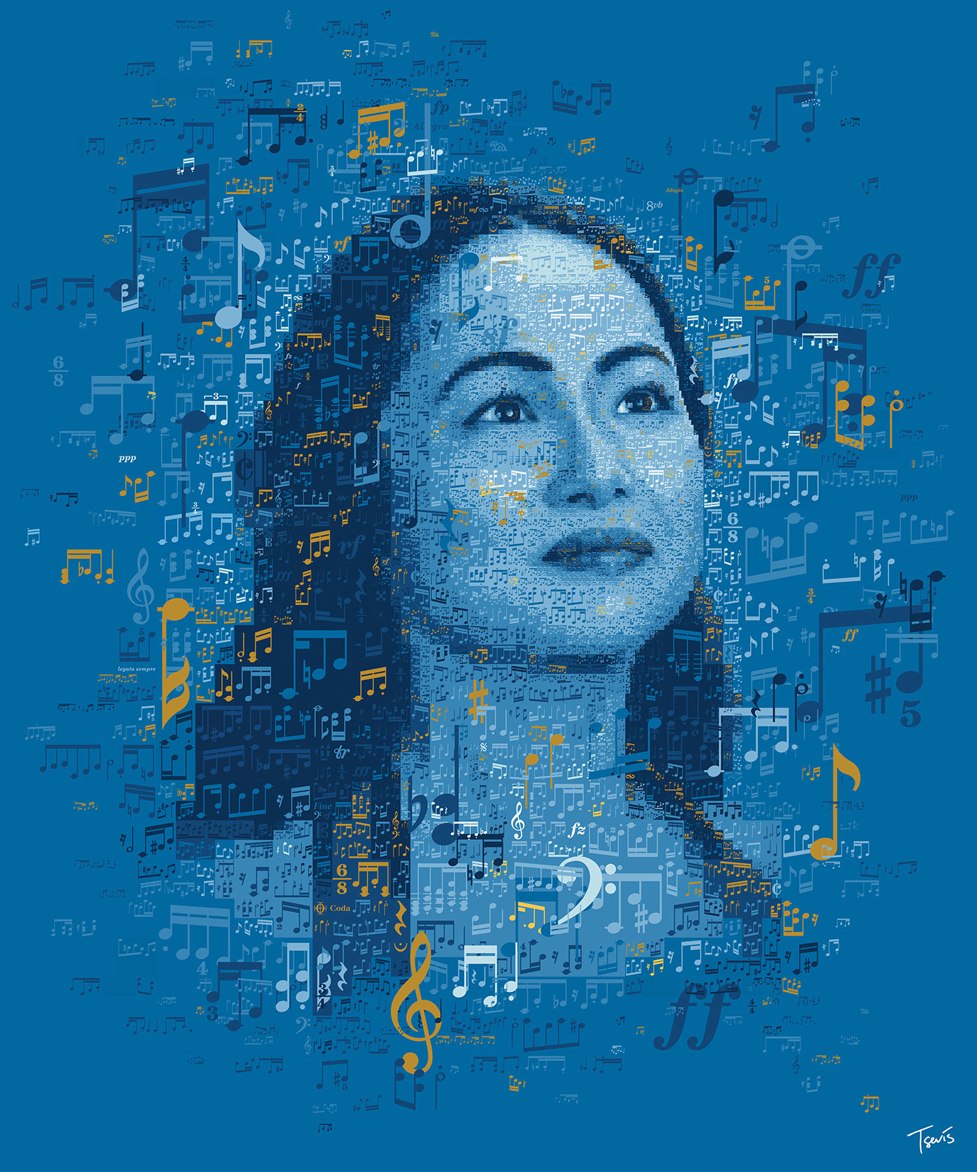 Digital Mosaic composition with musical scores forming the portrait of Tammy Russell.