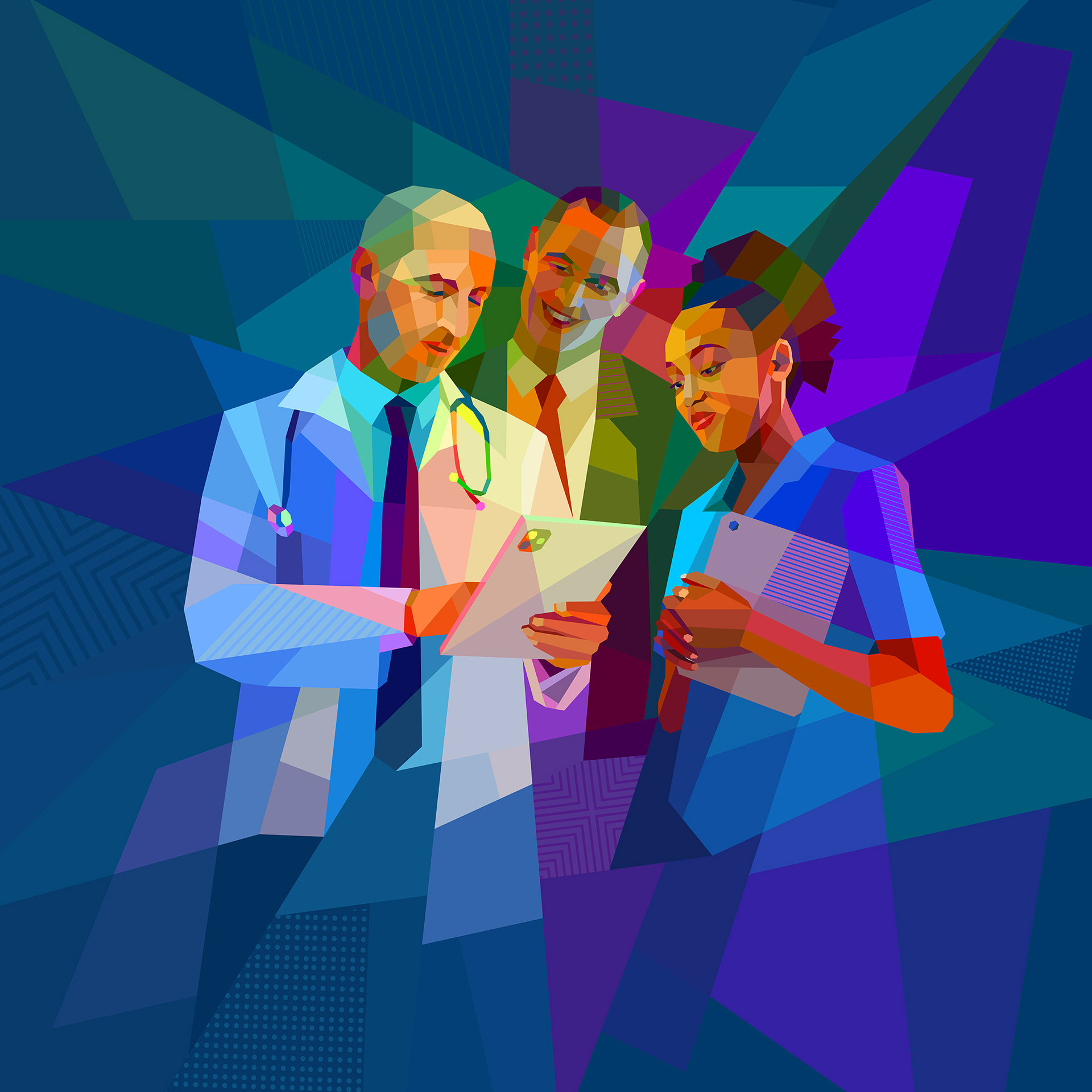 Doctor's learning colorful artwork, healthcare advertising partnerships