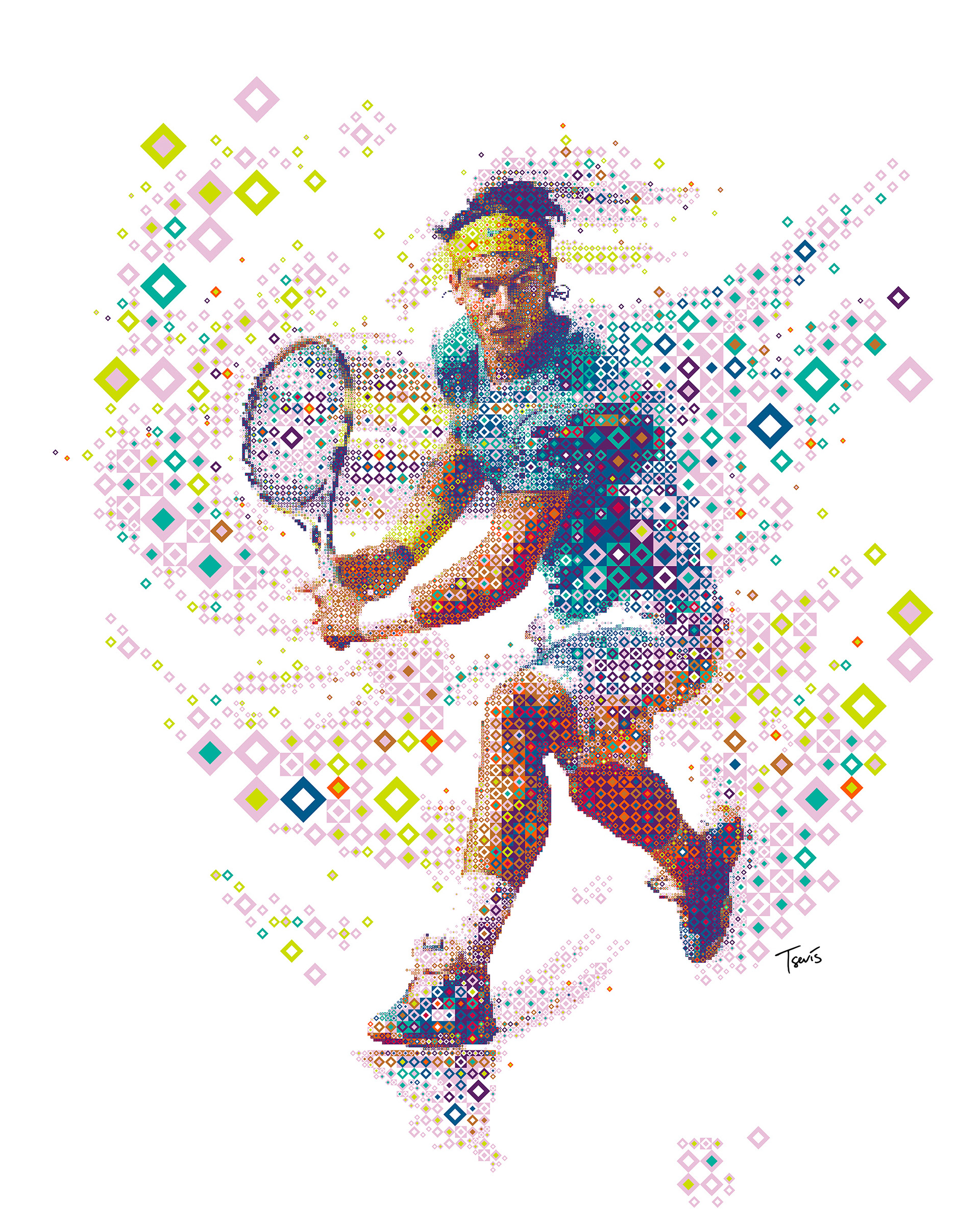Tennis player, Rafa Nadal illustration in colorful mosaic