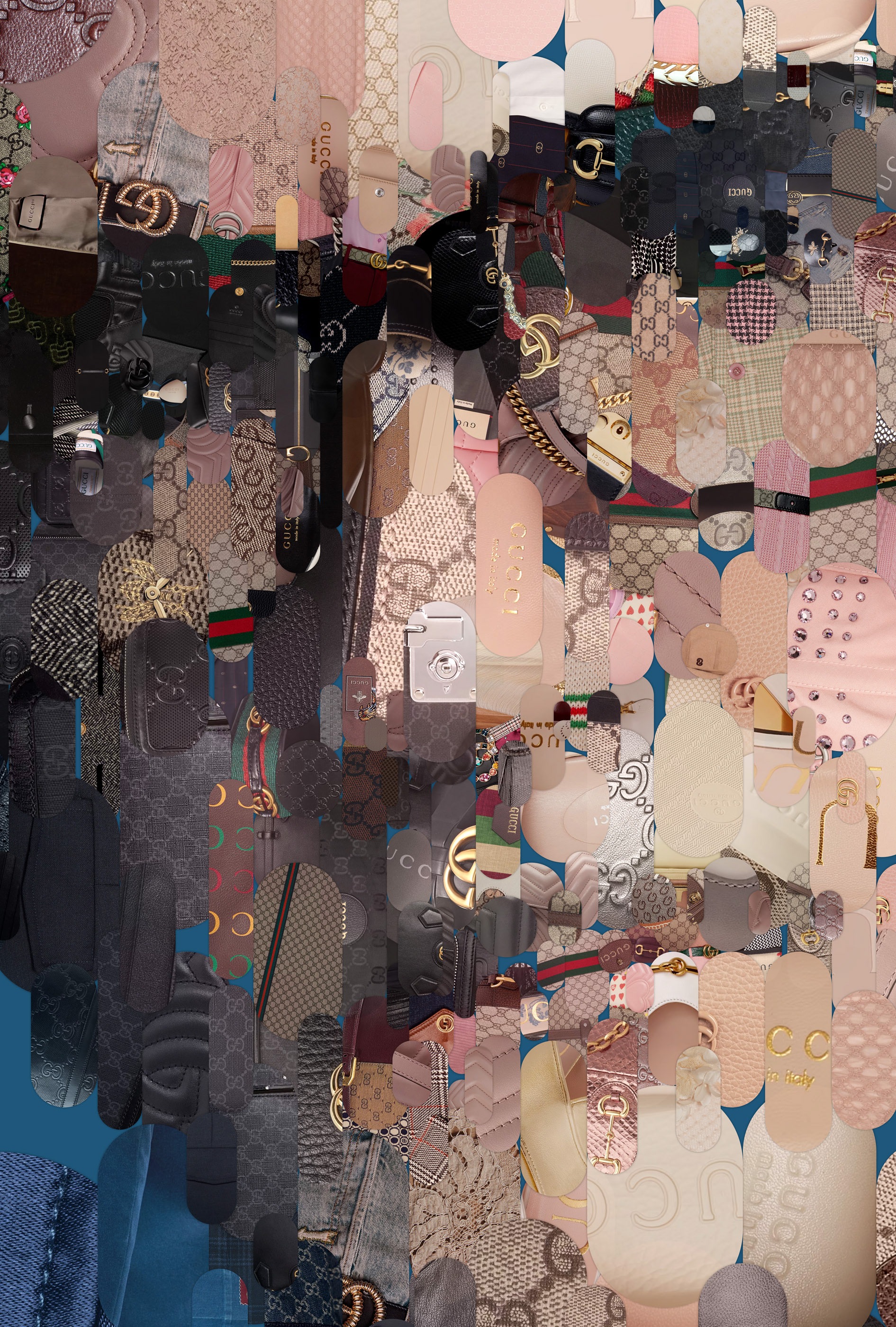 Rodolfo Gucci in a cinema, a picture made of Gucci logos, branded art