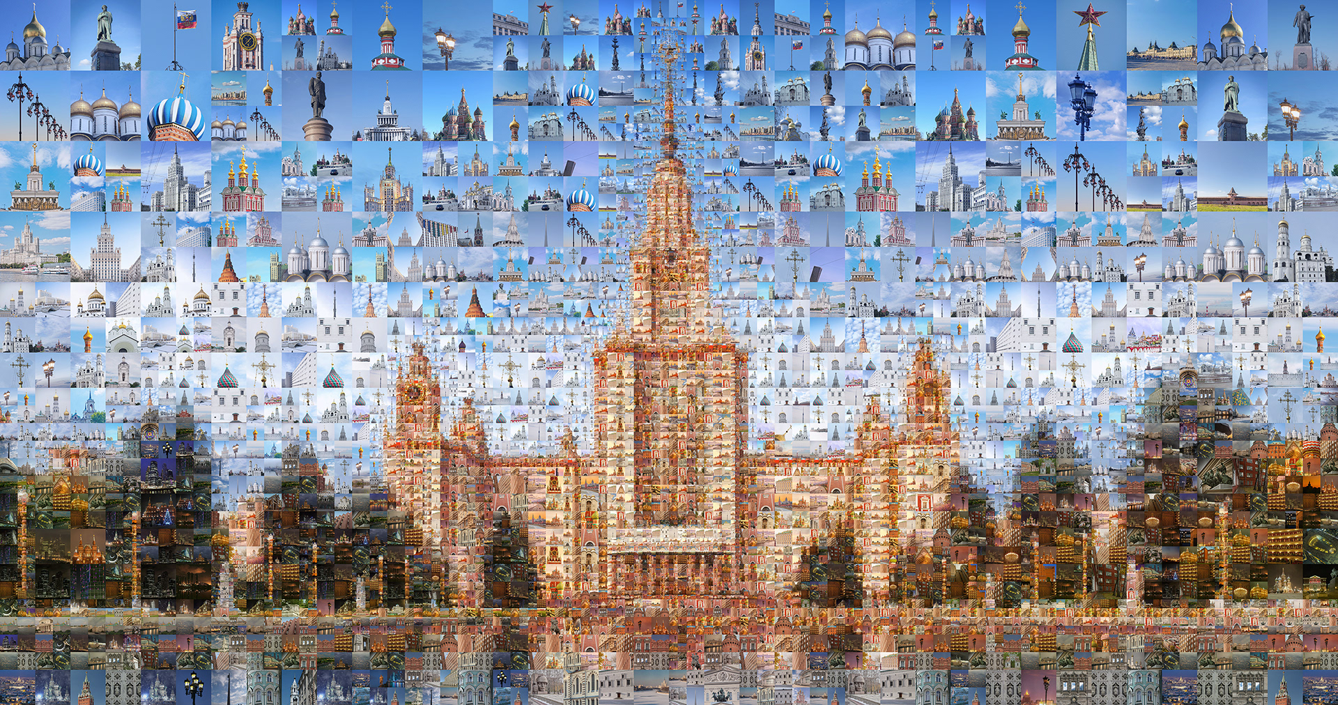 Moscow mosaic artwork of iconic landmarks and city architecture, art gallery project