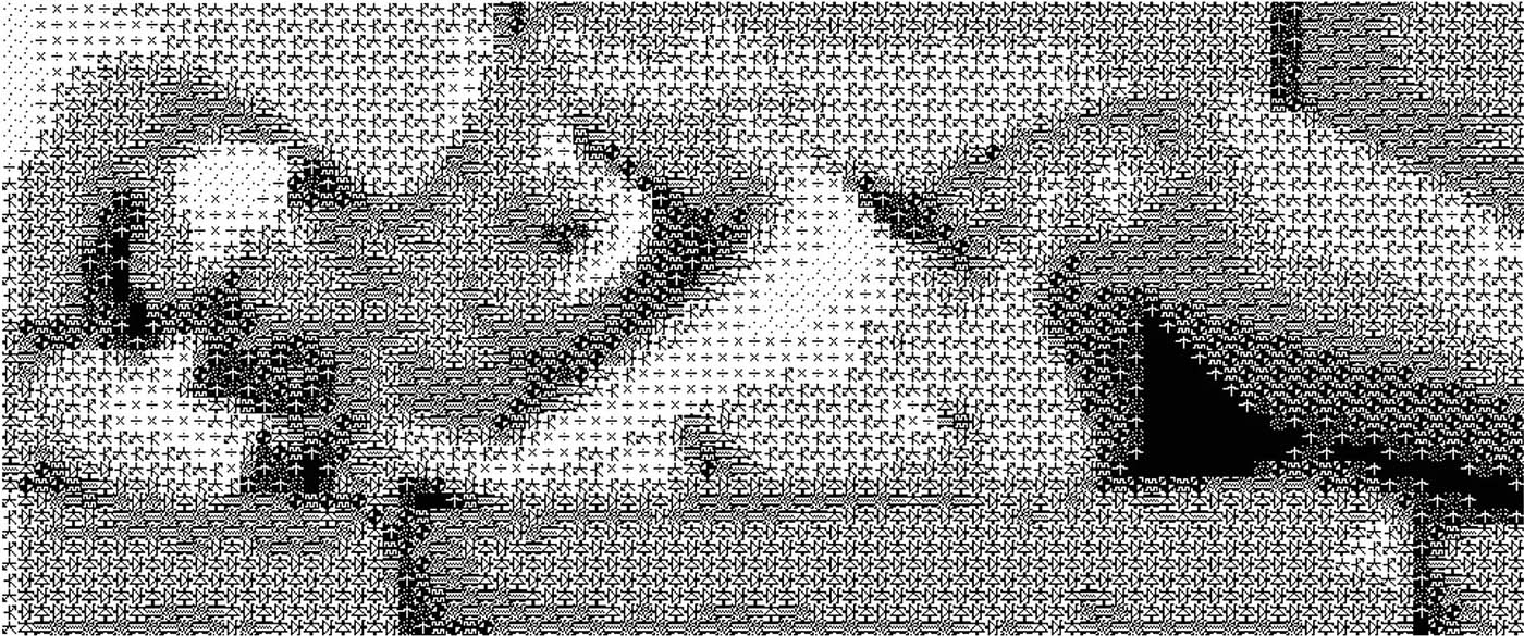 A black-and-white image composed entirely of electronic circuit symbols forming the shape of a nude dancer. Created in 1966 at Bell Labs using an IBM 7094 computer, this pioneering digital artwork merges art and technology in a striking visual experiment.