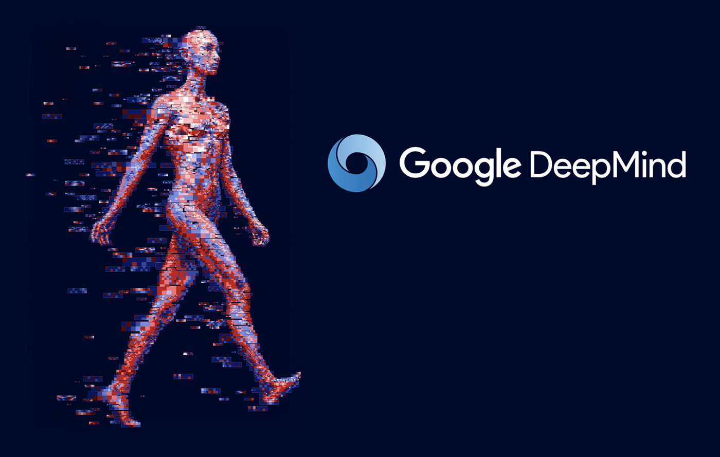Pixelated android figure composed of heatmaps, alongside the Google DeepMind logo.