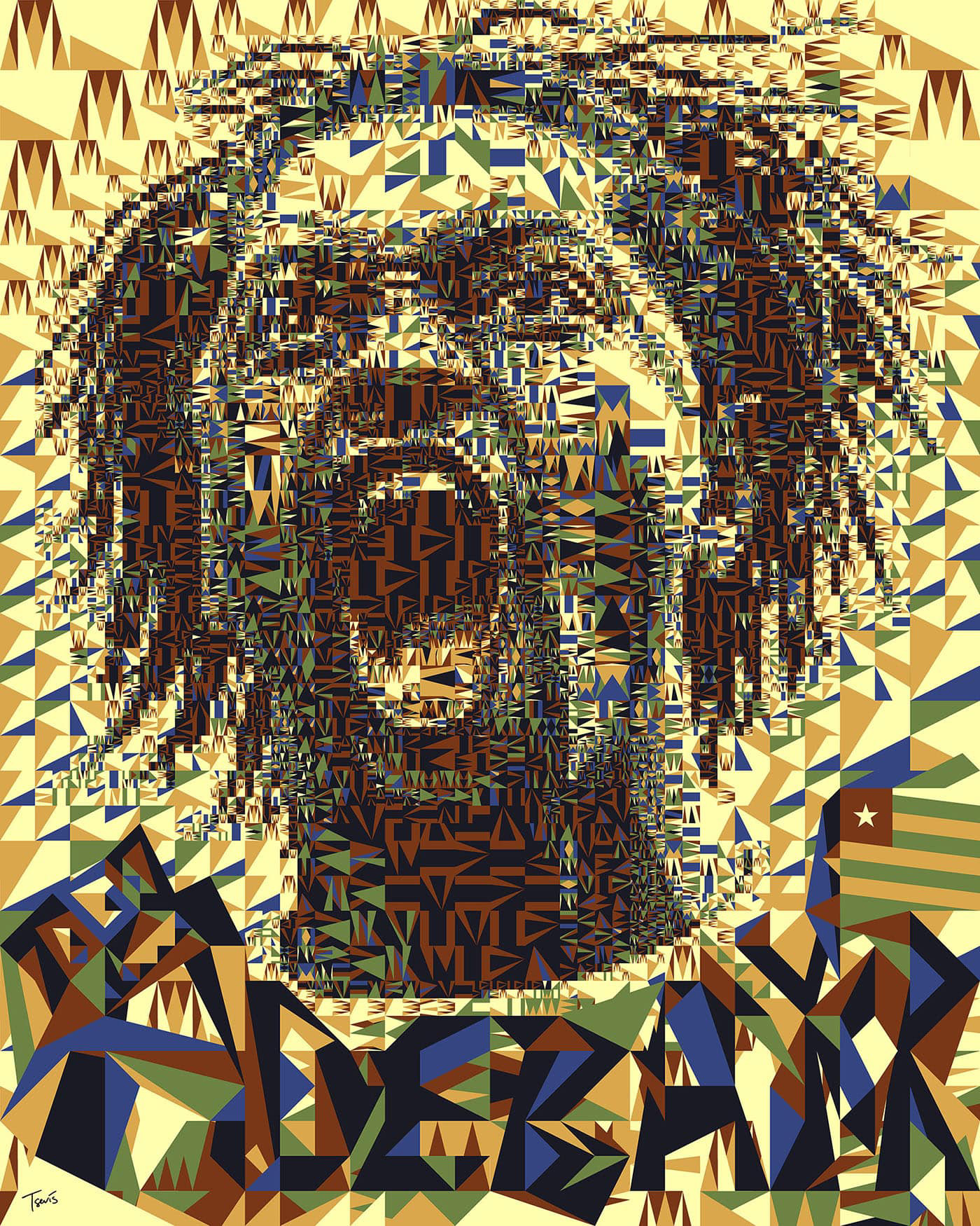 The image is a striking digital mosaic portrait of Emmanuel Adebayor, the Togolese footballer. The artwork is composed of intricate geometric shapes and patterns, drawing inspiration from traditional African visual vocabularies such as Kente and Adinkra designs. The mosaic uses a rich palette of earthy tones—browns, greens, yellows, and blues—to create a dynamic and culturally resonant representation. The background incorporates symbolic elements, including the Togolese flag in the top right corner, emphasizing national pride and cultural identity. The overall composition blends modern artistic techniques with traditional African aesthetics, celebrating both the individual and the broader cultural heritage.