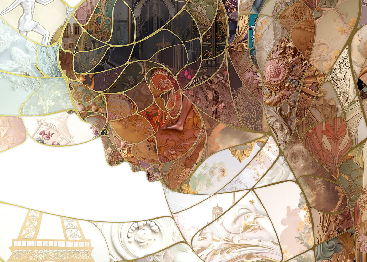 Detail from a mosaic influenced by French Baroque and Rococo styles , enhanced with AI in the service of artistic storytelling