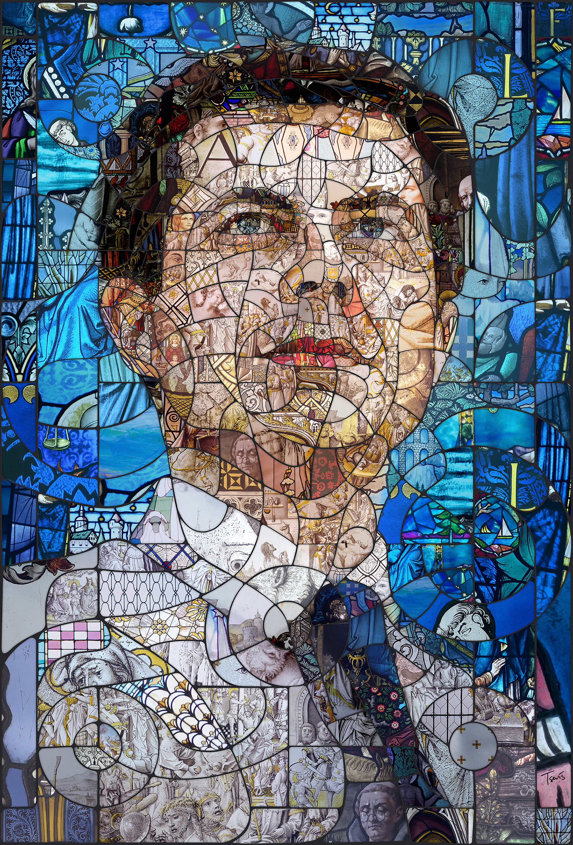 Mosaic art for politician Pete Buttigieg, a catholic portrait of stained glass mosaic