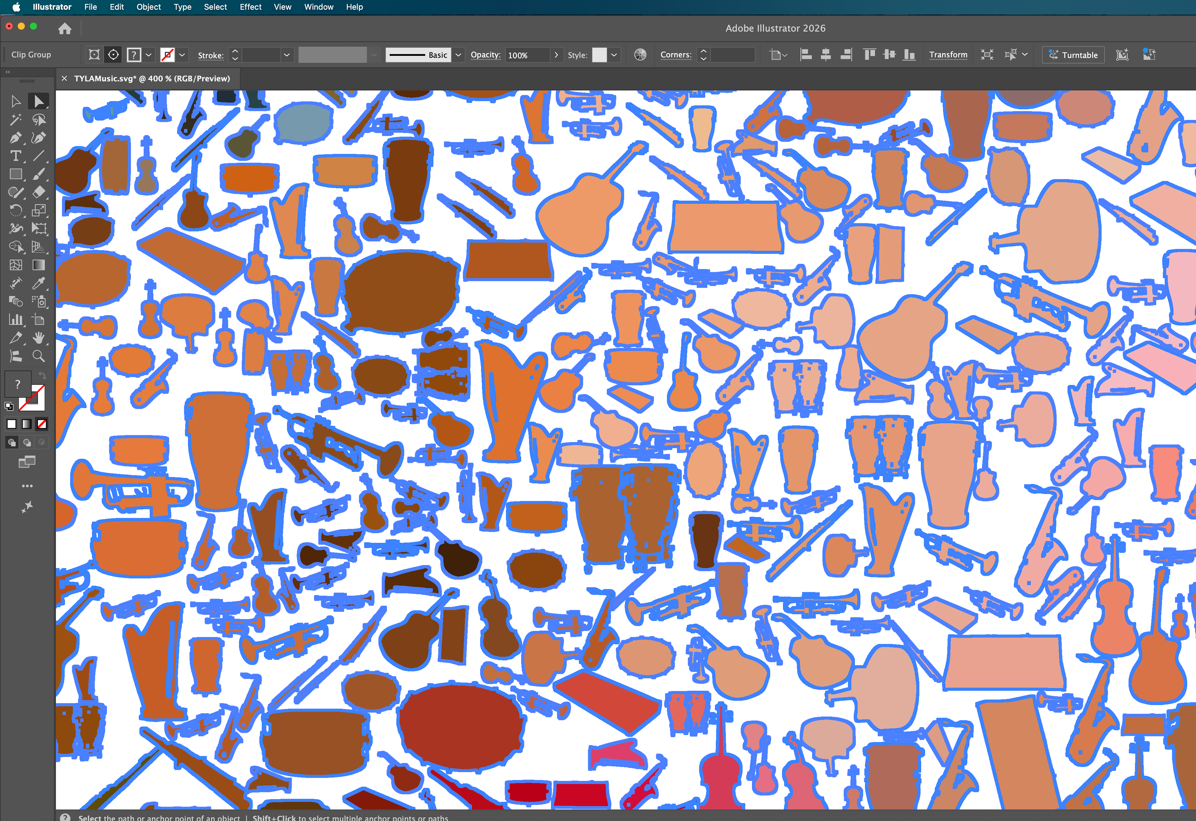 Screenshot of Adobe Illustrator 2026 with the file "TYLAMusic.svg" open at 400% zoom in RGB/Preview mode. The canvas is filled edge to edge with hundreds of musical instrument silhouettes in varying shades of brown, orange, terracotta, and red — trumpets, violins, guitars, congas, harps, flutes, and other shapes of varying sizes, scattered across a white background. Every shape is outlined in a blue selection stroke, indicating all objects are selected as a clip group. The Illustrator toolbar, menu bar, and control bar are visible at the top and left edges of the screen. A status bar at the bottom reads "Select the path or anchor point of an object. Shift+Click to select multiple anchor points or paths."