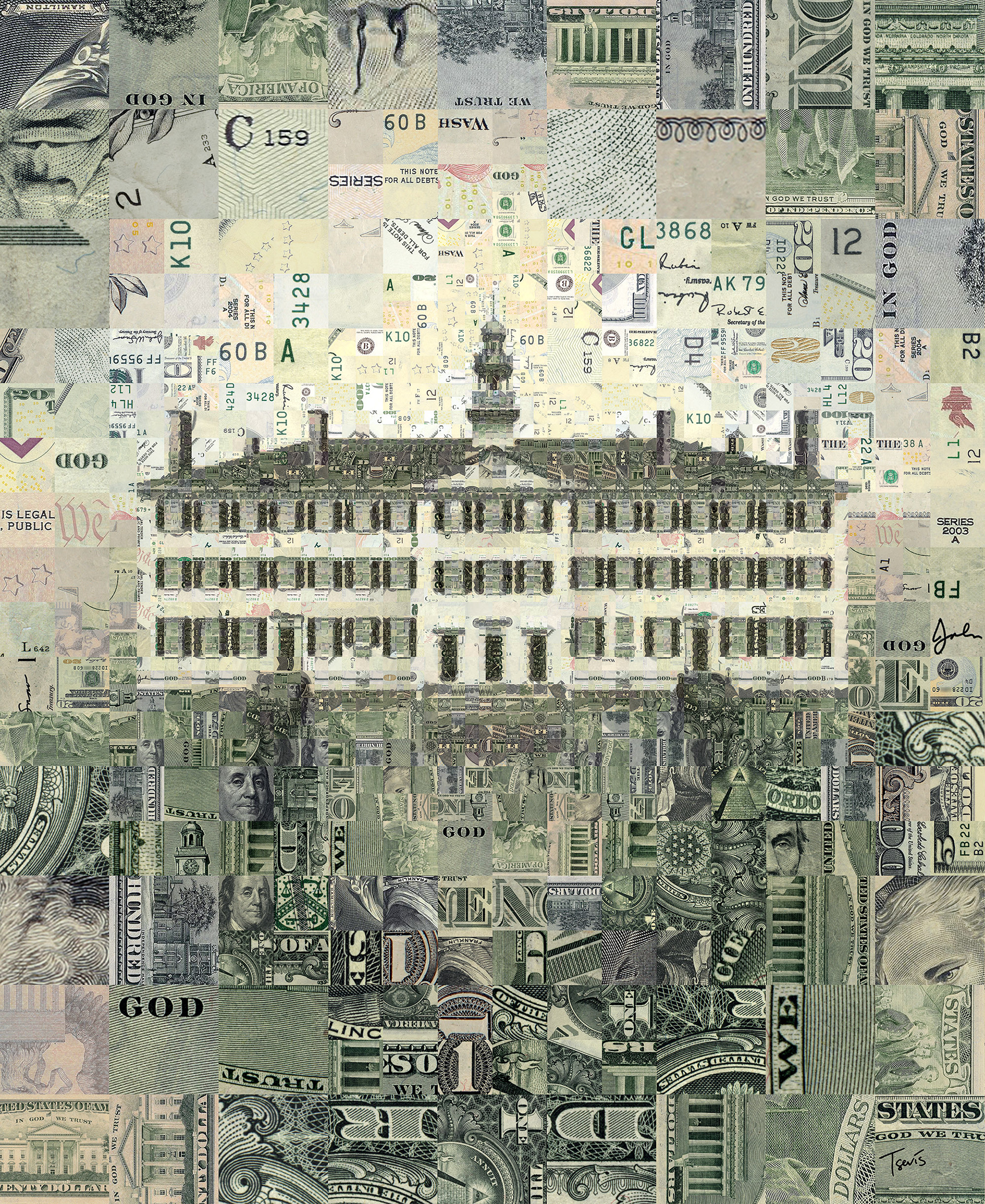 A mosaic illustration of Dartmouth Hall of Dollar bills pieces