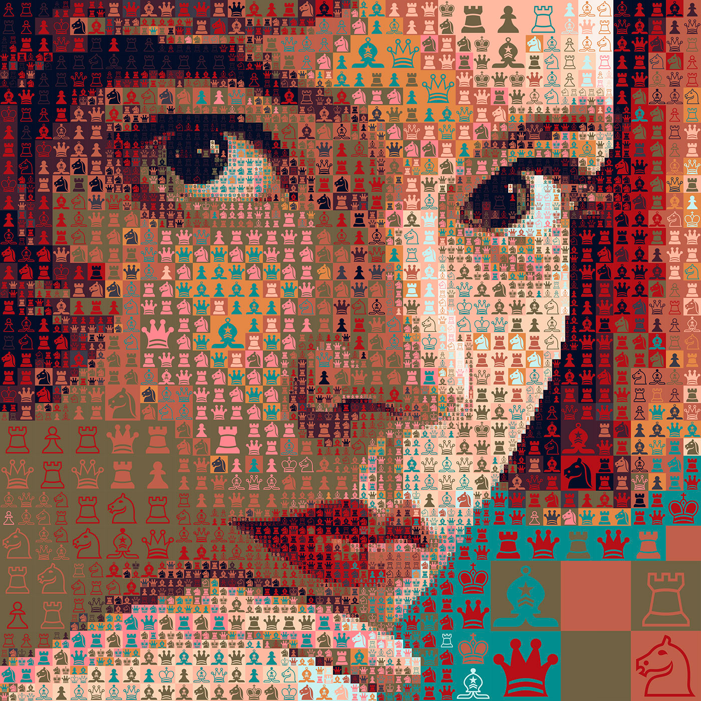 Illustration for The Queen's Gambit series, central actress portrait mosaic