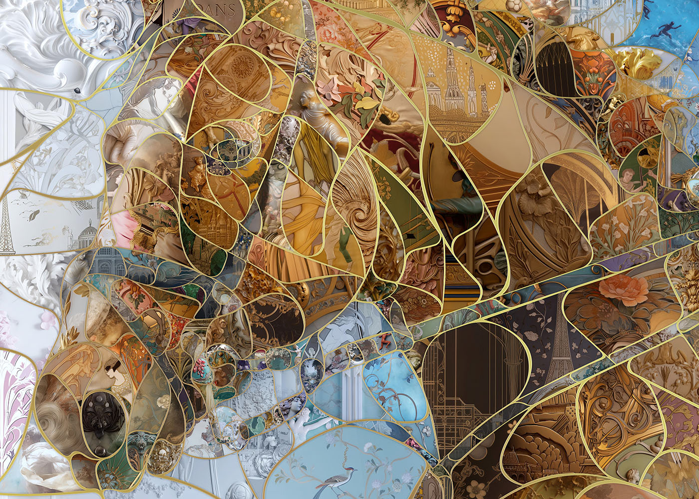 Detail from a digital mosaic artwork that merges classical and digital art traditions, showcasing intricate patterns and textures inspired by French artistic movements.