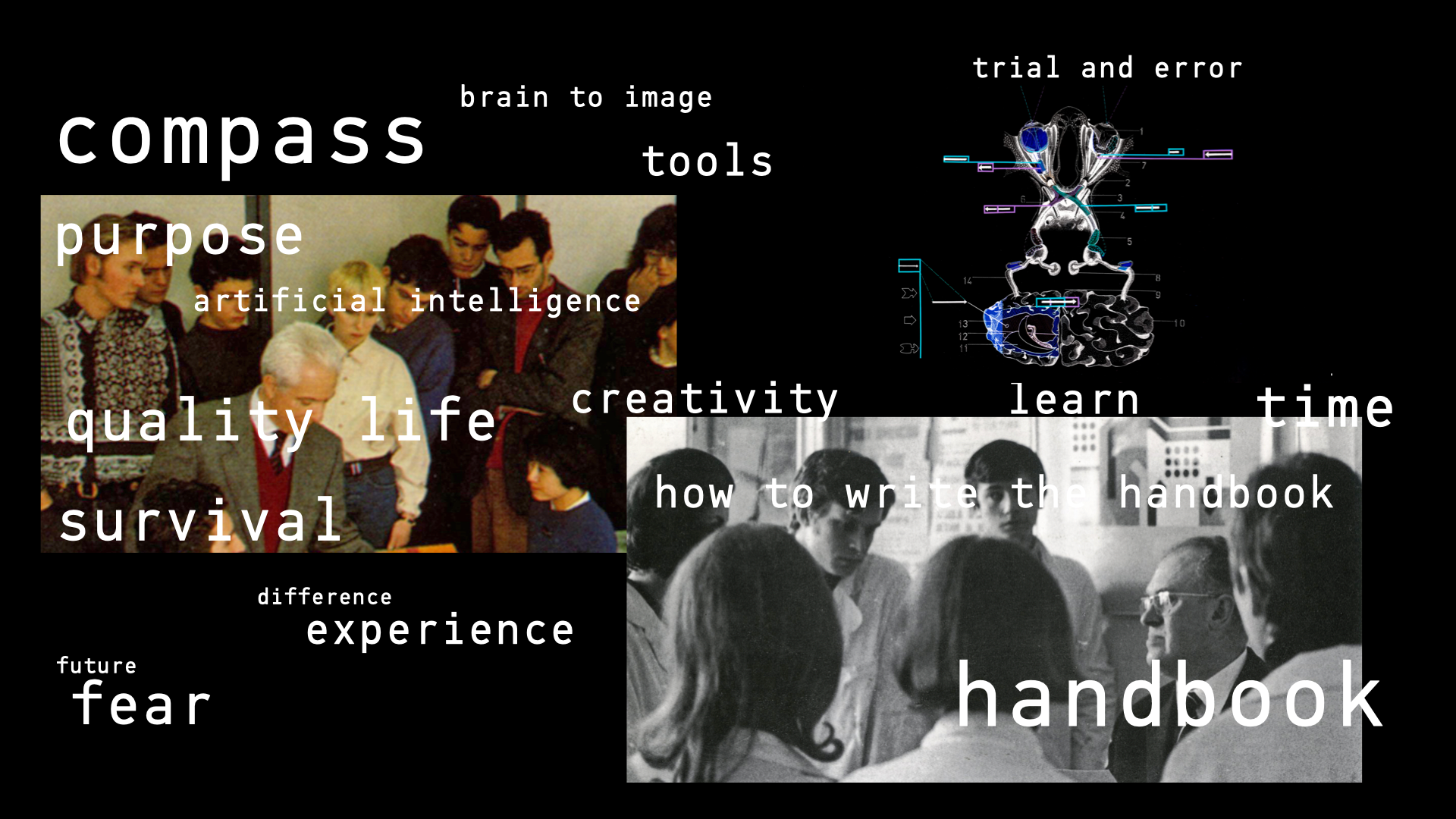 A scientific diagram on a black background illustrating a "trial and error" learning process. It features a stylized, cross-sectional view of a brain with numbered parts (1-14) highlighted in blue and connected by colored lines representing neural pathways. The text "trial and error" is positioned above the diagram.