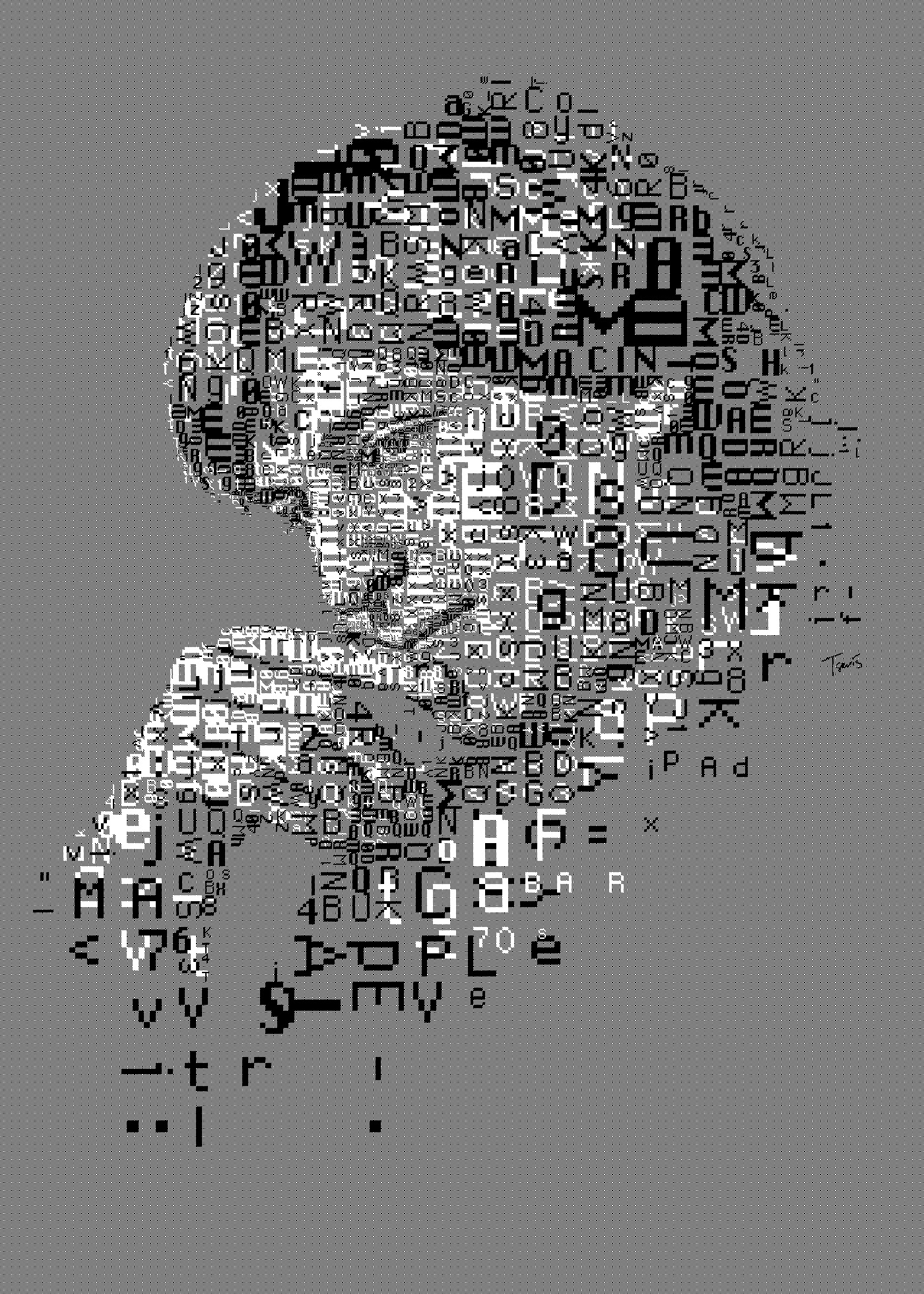 A monochrome, pixel-art-style portrait of Steve Jobs, created using characters from the Chicago and Monaco fonts. The image is composed entirely of black and white pixels, forming a detailed representation of his face and upper body. The text within the image provides context about the artistic process and historical significance of the fonts used.
