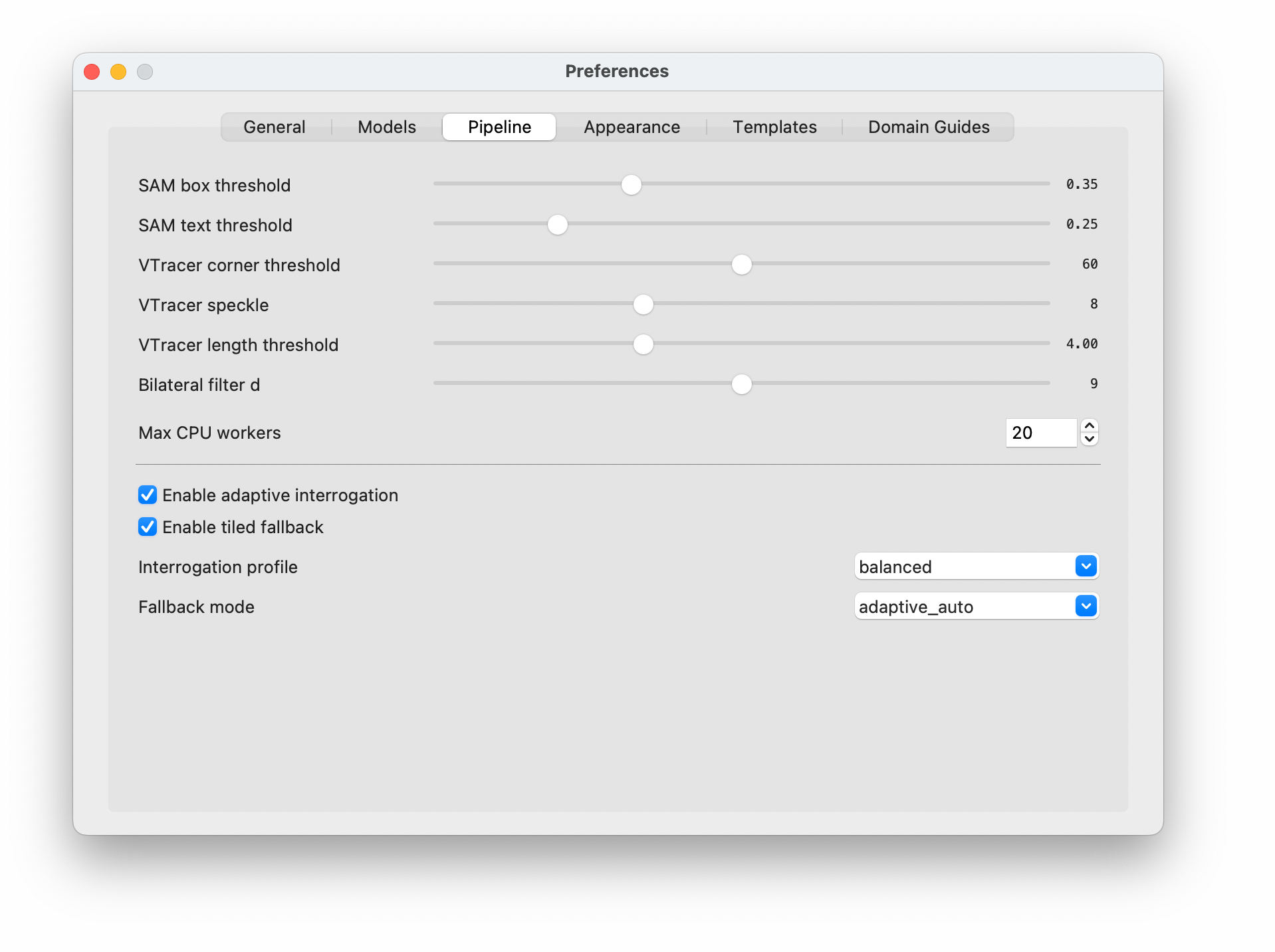 Alt text: Screenshot of the Skiagrafia Preferences window, Pipeline tab selected. Six sliders are shown with their current values: SAM box threshold at 0.35, SAM text threshold at 0.25, VTracer corner threshold at 60, VTracer speckle at 8, VTracer length threshold at 4.00, and Bilateral filter d at 9. A numeric input sets Max CPU workers to 20. Below a divider, two checkboxes are both checked: Enable adaptive interrogation and Enable tiled fallback. Two dropdowns follow: Interrogation profile set to balanced, and Fallback mode set to adaptive_auto.