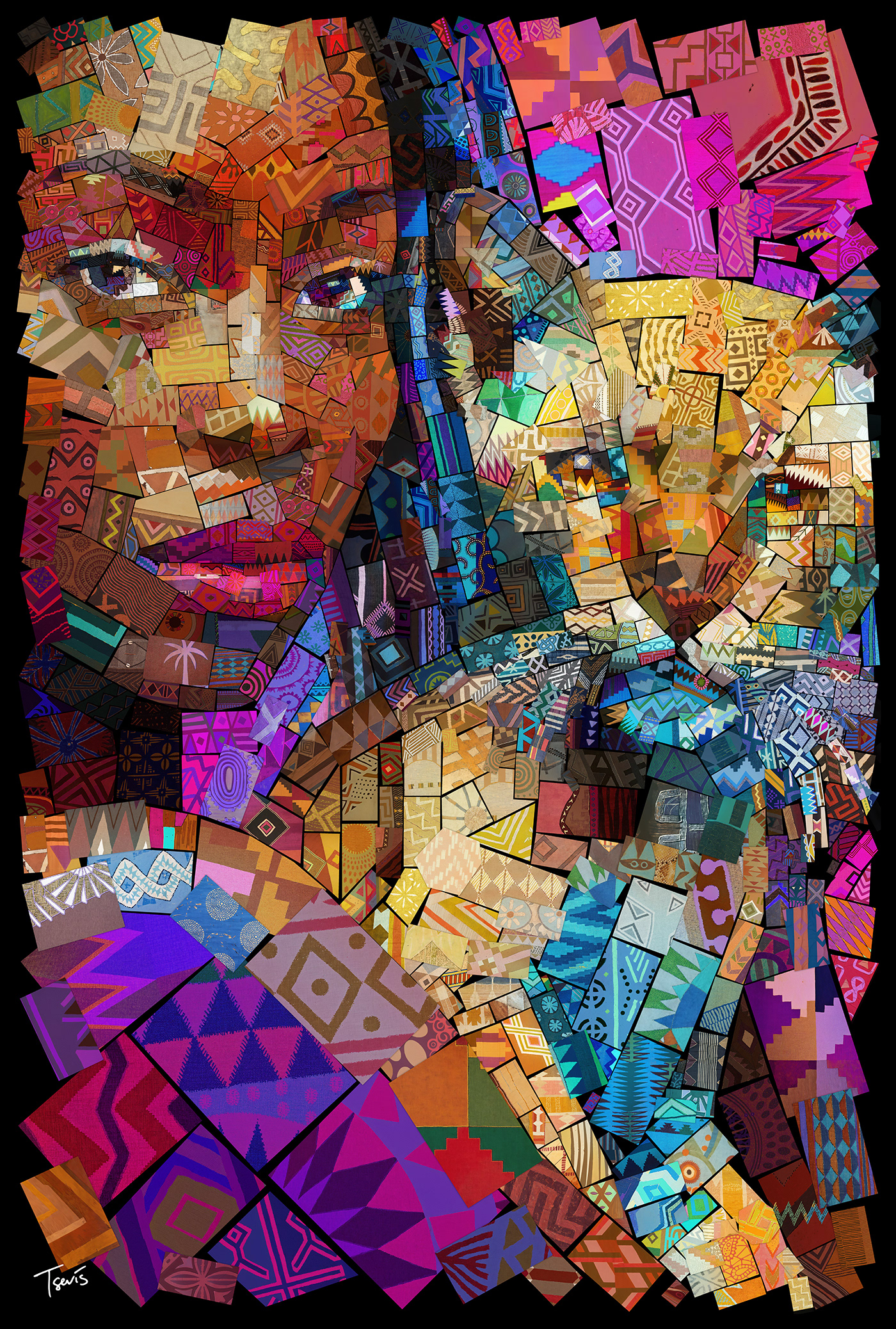 African woman tenderly holding baby wild cat in vibrant purple and gold textile mosaic - maternal love transcending species.