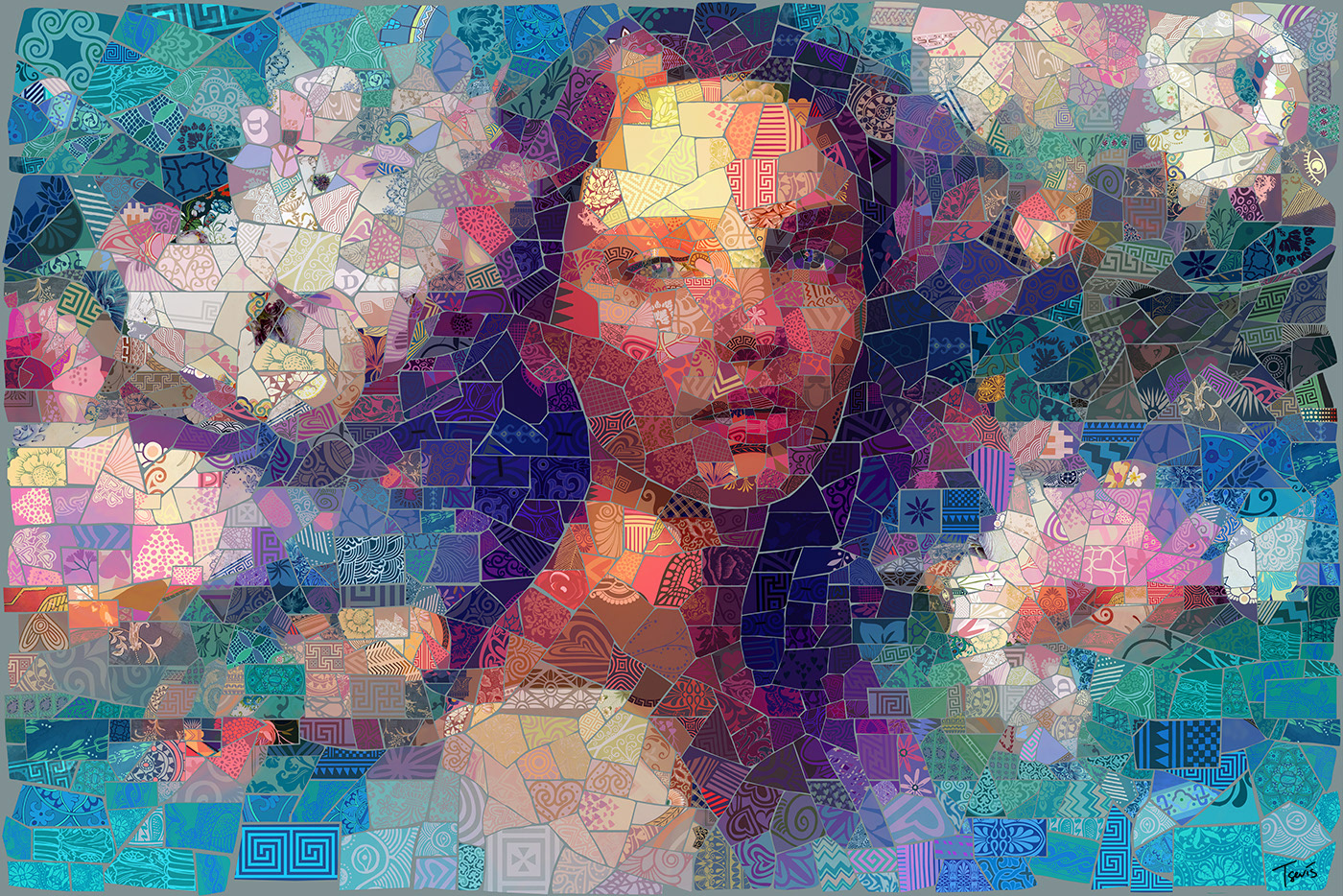 Digital portrait illustration, hidden emotions through colors and tiles