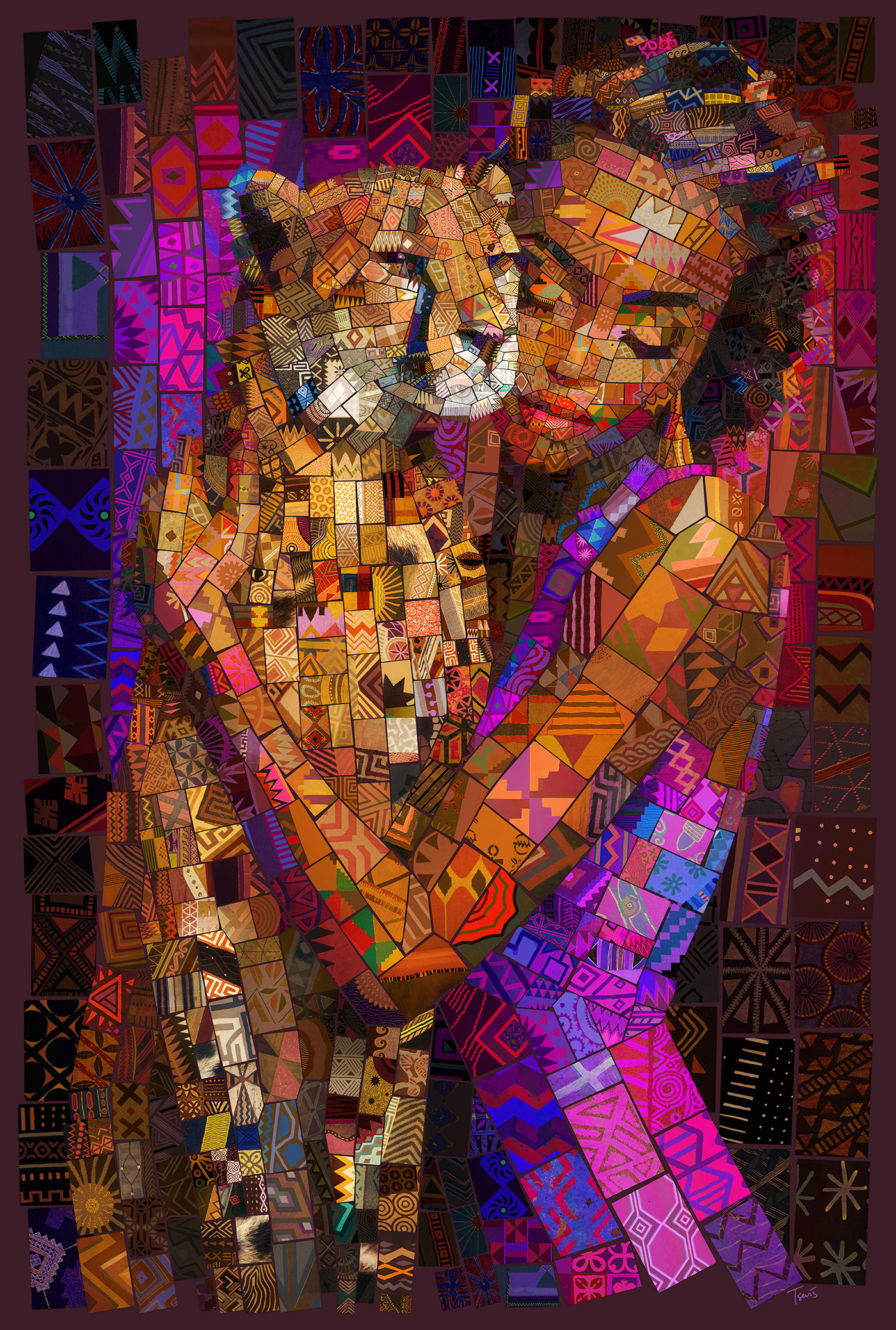 Roaring lion digital mosaic made from African textile patterns in gold, orange, purple hues - contemporary African cultural art