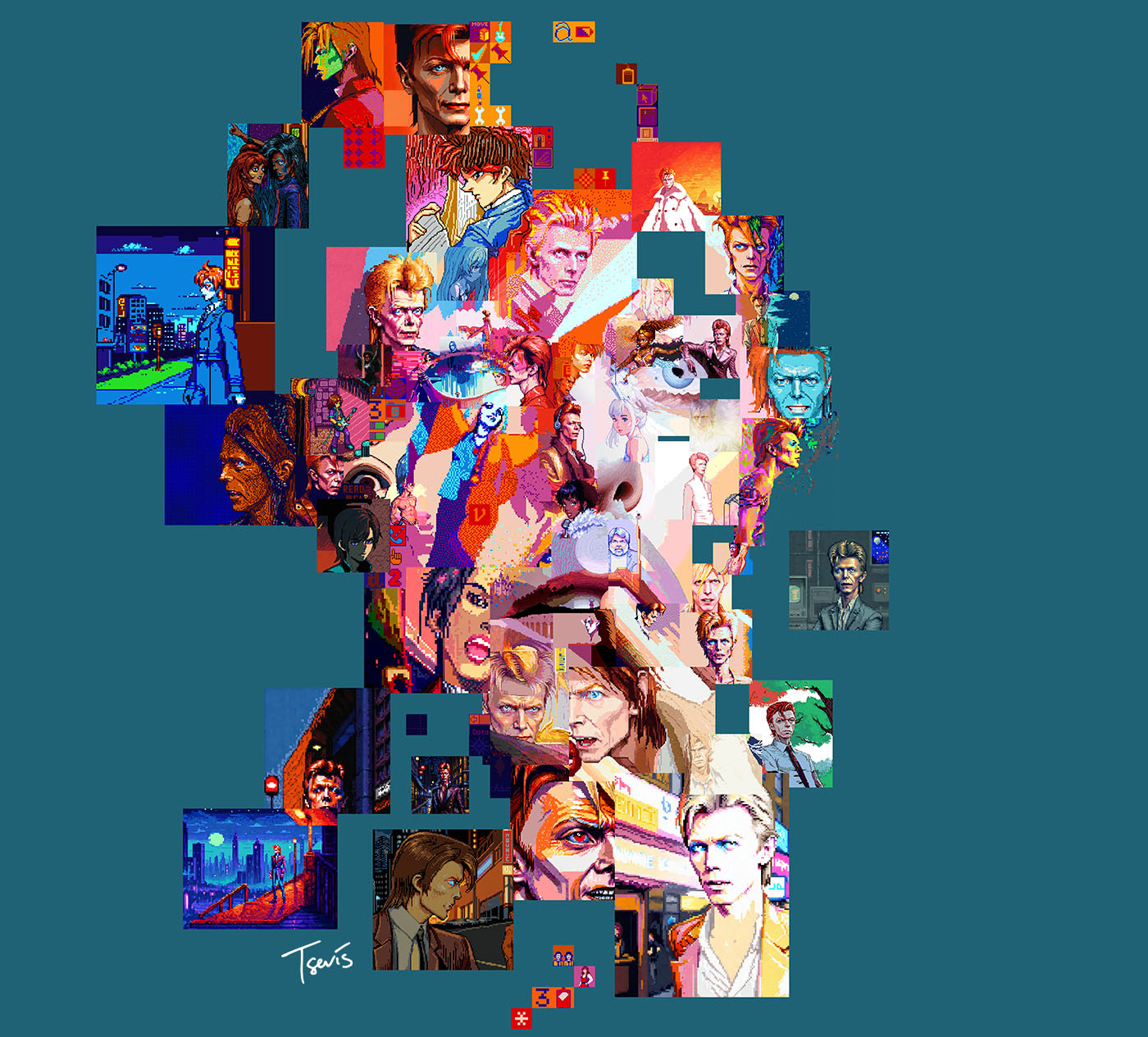 A vibrant digital mosaic portrait of David Bowie composed entirely of pixel art tiles. Each tile features iconic imagery from pop culture, video games, and retro aesthetics, arranged to form Bowie’s face in a stylized, colorful composition. The background is a deep teal, and the artist’s signature “Tsevis” appears at the bottom left.