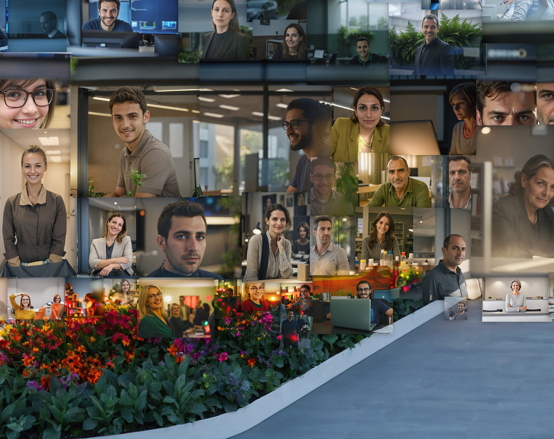 Detailed view of office building mosaic showing employee faces with curved landscaping element below.