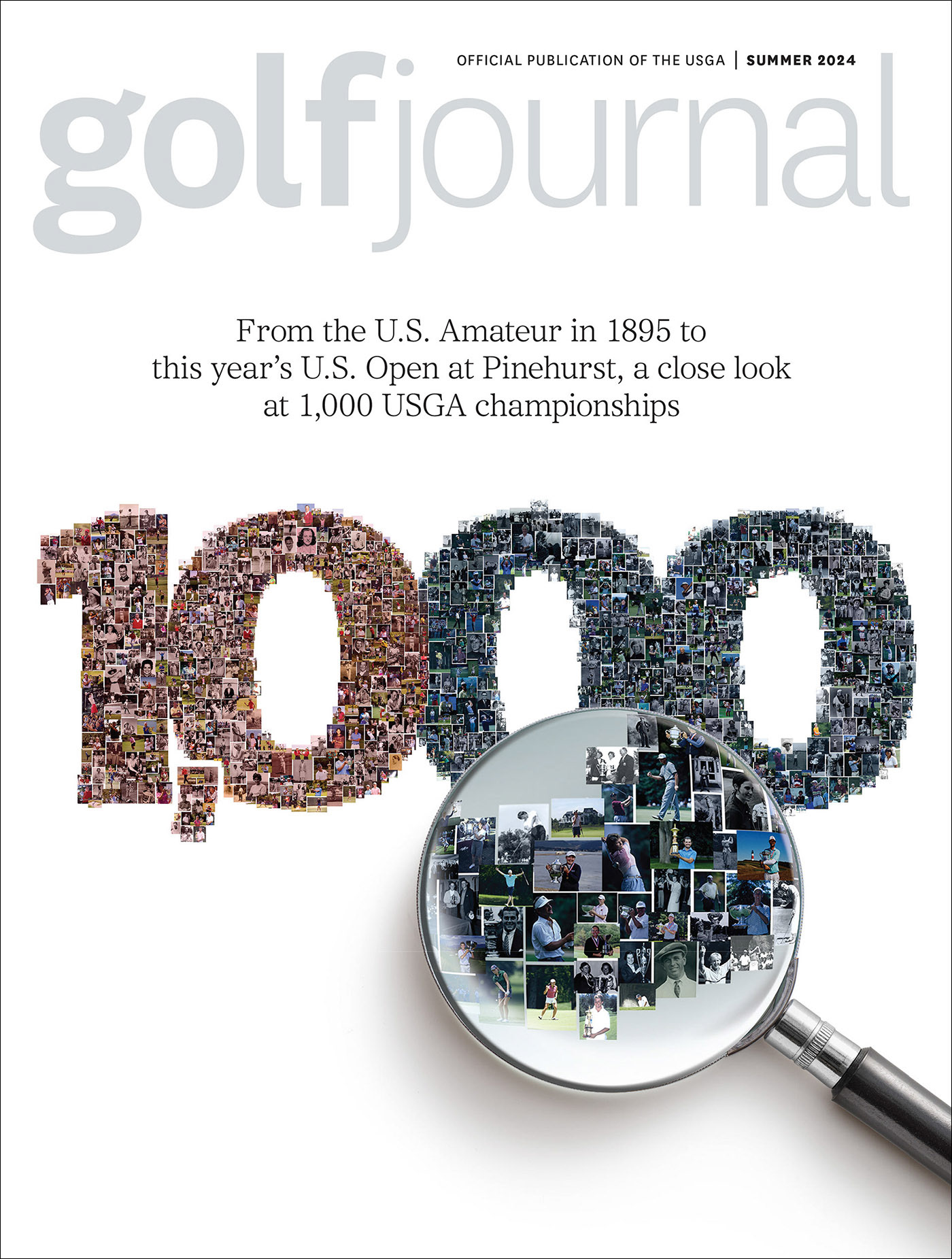 A photomosaic cover of Golf Journal featuring the number "1,000" constructed from images of past USGA champions, with a magnifying glass highlighting notable moments in golf history.