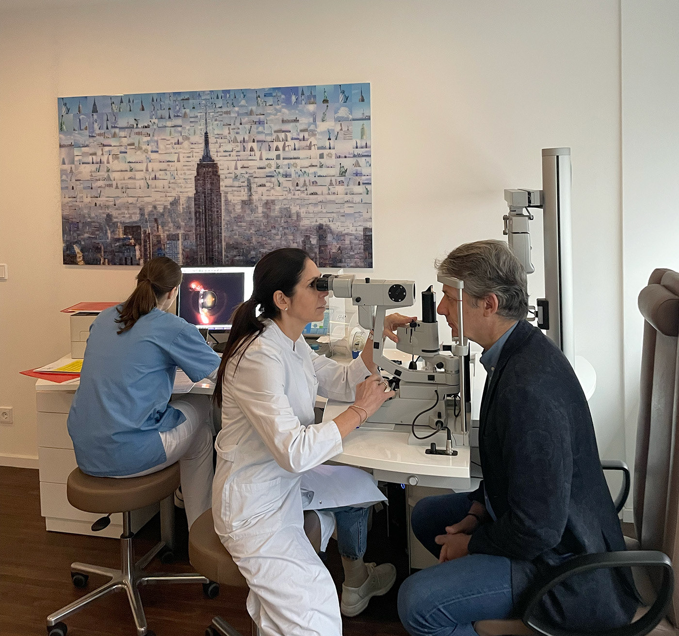 Photo collages of world cities in a clinic interior