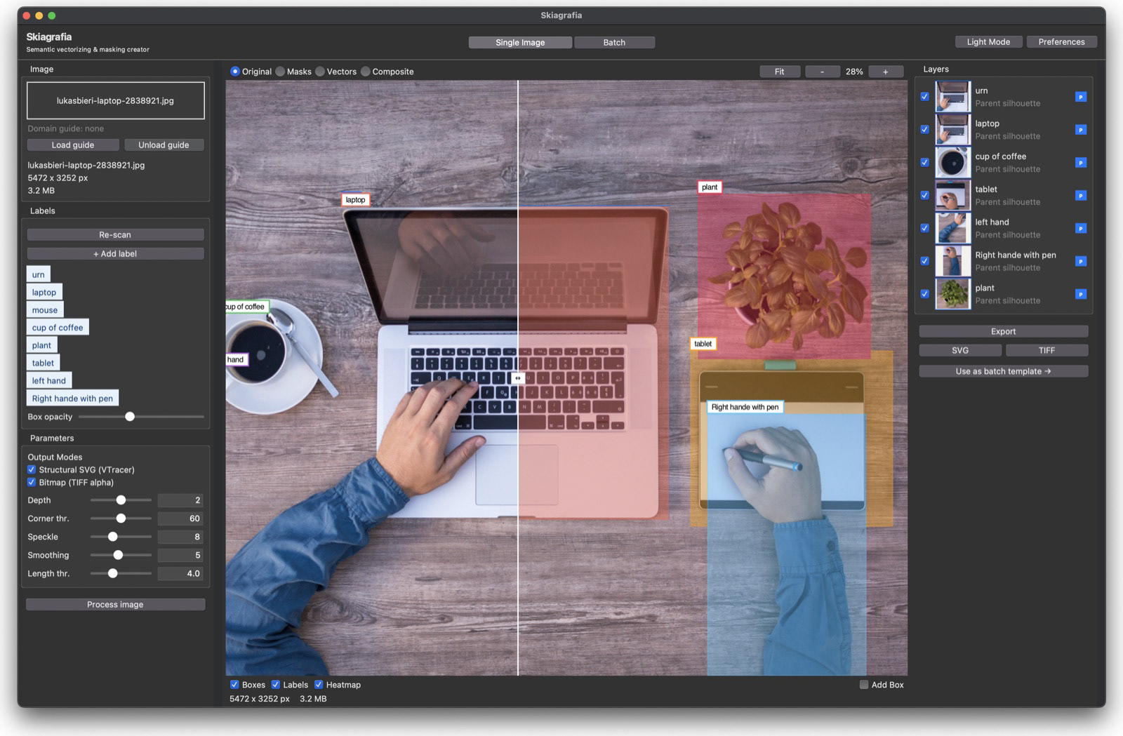 Screenshot of Skiagrafia in Single Image mode, dark theme. The loaded image is "lukasbieri-laptop-2838921.jpg" at 5472×3252 pixels, 3.2 MB. The left sidebar lists eight detected labels as colored pills: urn, laptop, mouse, cup of coffee, plant, tablet, left hand, Right hande with pen. Output Modes show Structural SVG (VTracer) and Bitmap (TIFF alpha) both checked. Parameter sliders show Depth 2, Corner thr. 60, Speckle 8, Smoothing 5, Length thr. 4.0. The main canvas shows an overhead photograph of a wooden desk with a pink laptop, a person's left hand typing on the keyboard, a cup of coffee with a spoon on a saucer, a plant with orange-brown leaves on a pink surface, and a tablet with a person's right hand holding a pen. Six colored bounding boxes with labels are overlaid on the image: a red-pink box labeled "laptop" over the laptop, a small label "cup of coffee" near the coffee cup, a label "hand" near the left hand, a pink box labeled "plant" over the plant, a gold box labeled "tablet" over the tablet, and a blue box labeled "Right hande with pen" over the right hand and tablet. A vertical split line divides the canvas, with the right half showing segmentation mask overlays in color. The Layers panel on the right lists seven entries, all checked: urn, laptop, cup of coffee, tablet, left hand, Right hande with pen, and plant, each labeled "Parent silhouette" with a blue P badge and a small thumbnail. Export buttons for SVG and TIFF are visible below, along with a "Use as batch template →" button.